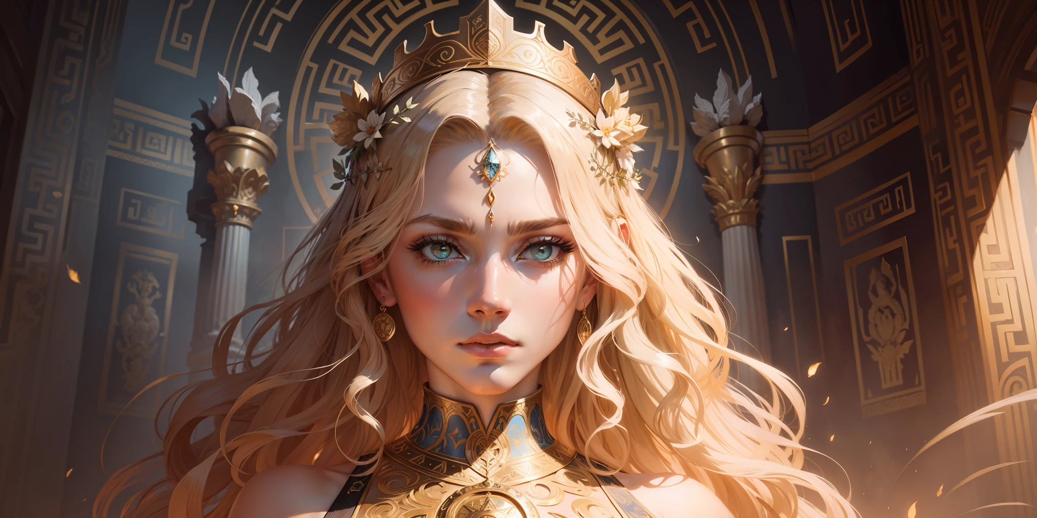image of a crowned woman, epic scene of zeus, digital painting greek myth, battle between good and evil, greek mythology, characters from greek mythology, greek gods, classical greek mythology, greek dark myth, dramatic art, thunderous battle, godrays digital painting, as an offering to zeus, art mythology, epic mythology, long curly hair, blond,  floral frame, decorative panels, abstract artistic, by Alphonse Mucha (masterpiece, best quality, high resolution: 1.4), detailed, intricate details, 4K, color splashes, line art, fibonacci ,
