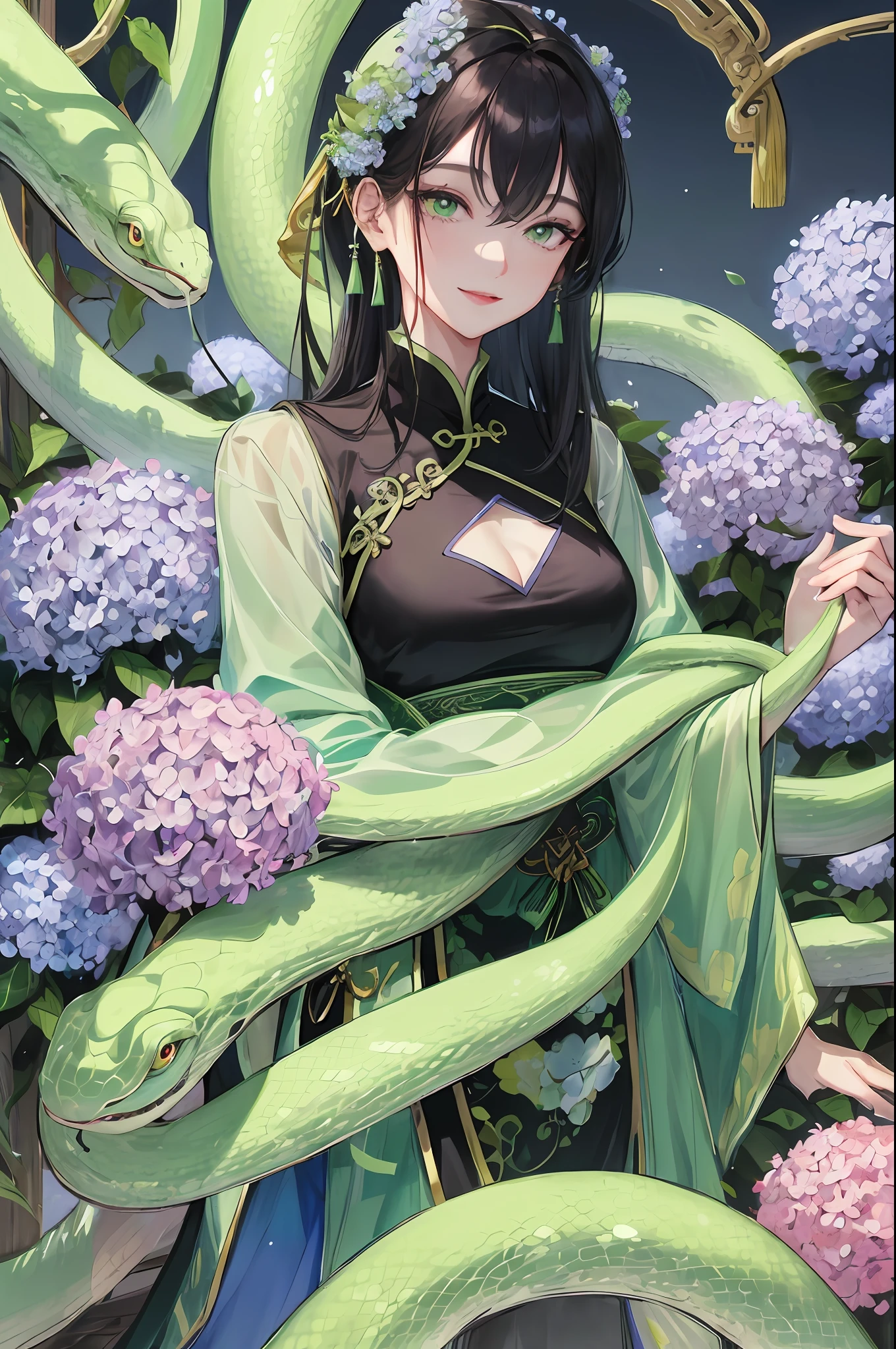 Masterpiece, Superb Eye, Full Moon at Night, 1 Woman, 1 People, Chinese Style, Ancient, Cyan Clothes, Smile, Double Pill Head, Light Pink Lips, Calm, Intellectual, Medium Black Hair, Green Pupils, Hairpins, Hydrangeas, A Green Snake Coiled on His Arm, Green Snake, Snake