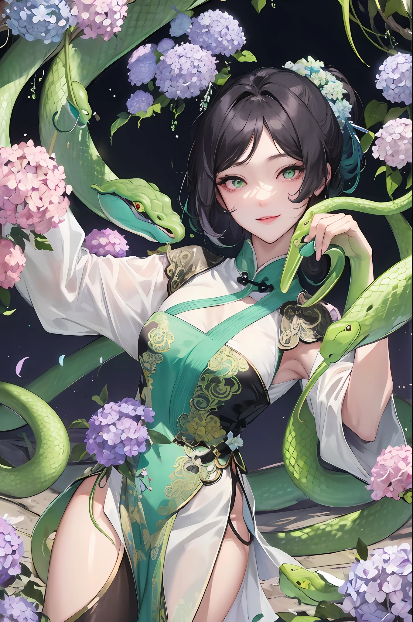 Masterpiece, Superb Eye, Full Moon at Night, 1 Woman, 1 People, Chinese Style, Ancient, Cyan Clothes, Smile, Double Pill Head, Light Pink Lips, Calm, Intellectual, Medium Black Hair, Green Pupils, Hairpins, Hydrangeas, A Green Snake Coiled on His Arm, Green Snake, Snake