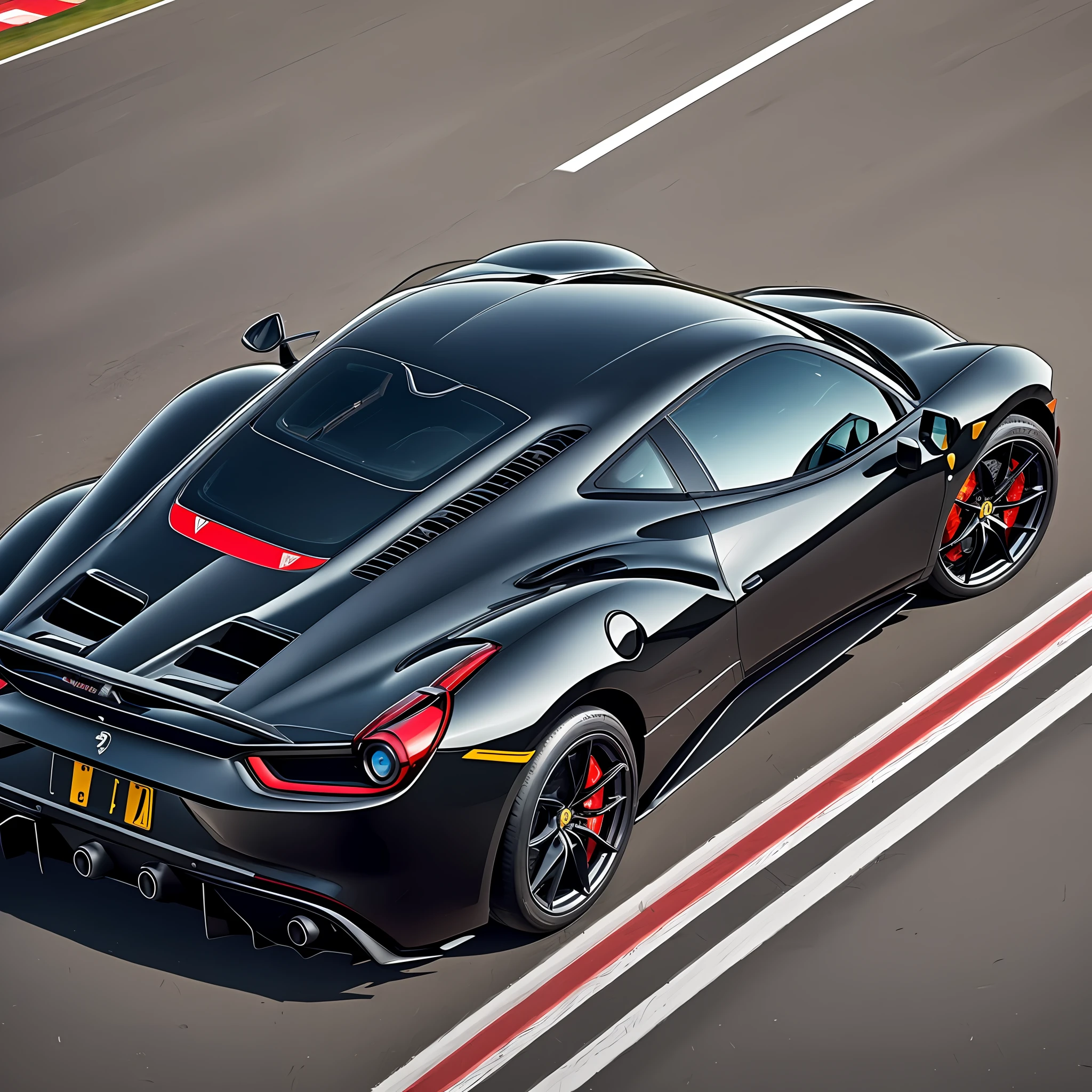 Generate a captivating image featuring a black Ferrari 488 viewed from the back with a wide-angle perspective.  Pay meticulous attention to refining the details, lighting, and shadows to convey a strong sense of high performance.  Emphasize the car's sleek lines, speed, and dynamic features, evoking desire and appealing to the class A public.  Ensure the image showcases the car's powerful presence on the road while maintaining a visually stunning composition.  The final result should captivate viewers and ignite their passion for luxury, performance, and automotive excellence --auto --s2