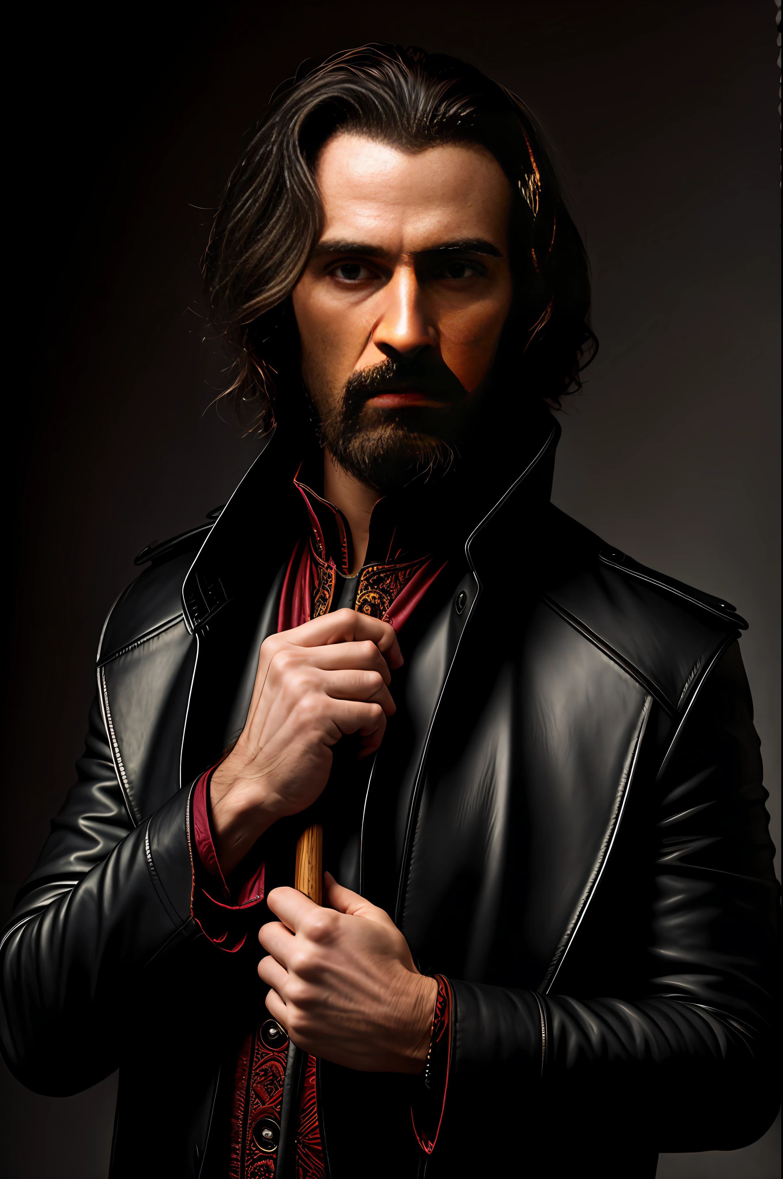best quality, masterpiece, full body, male vampire, teeth, black leather trench coat, sword in one hand) by Jeremy Lipking, by Antonio J. Manzanedo, by lee jeffries nikon d850 film stock photography 4 kodak portra 400 camera f1.6 lens rich colors hyper realistic texture dramatic texture unreal lighting engine, hyperdetailed, hyperrealistic, intricate details, dark background,  dark fantasy, dracula, Stolker