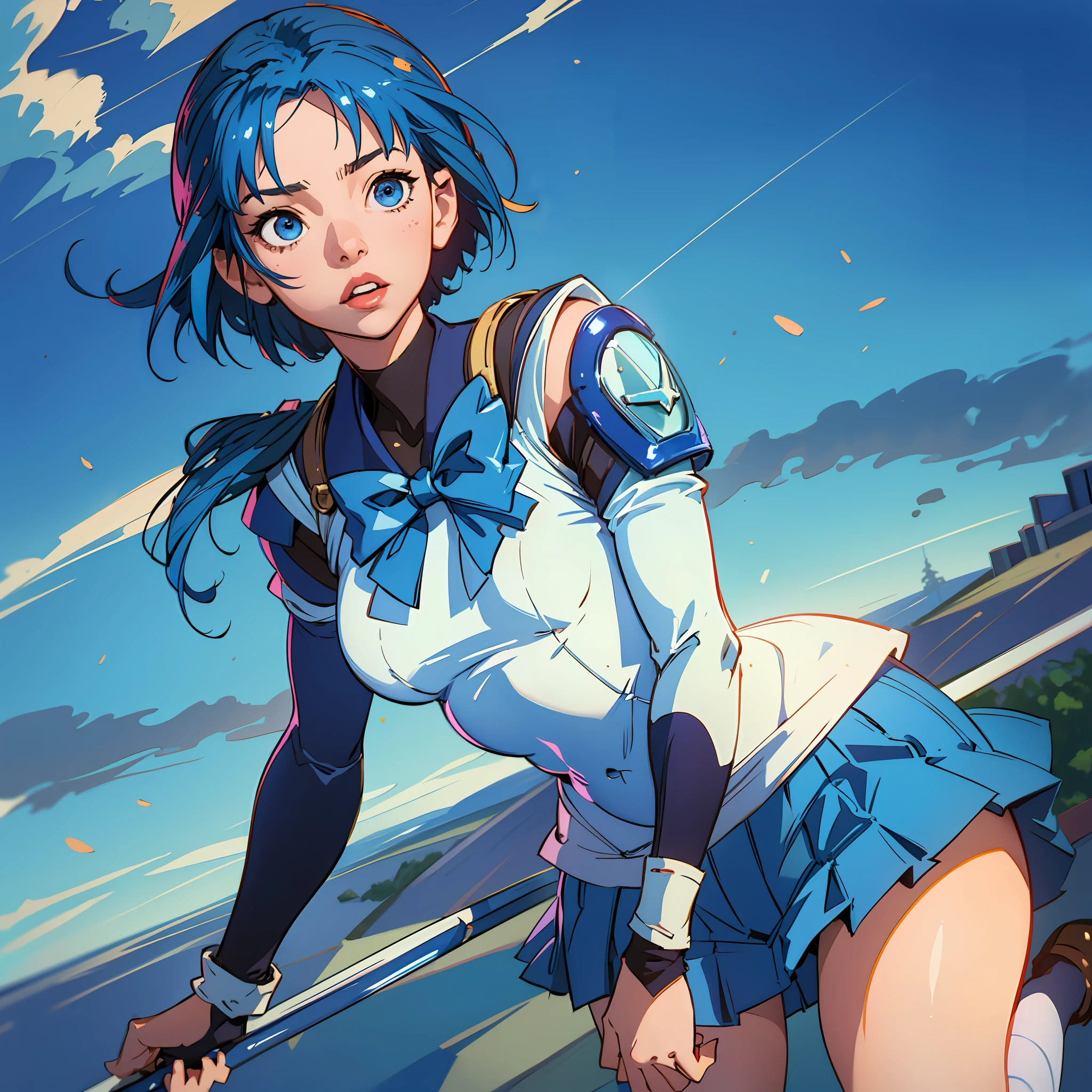 (masterpiece), (best quality), realistic, cinematic light, Mizuno Ami, Sailor Mercury, stand, battlefield background, perfect body, blue hair, uniform --auto --s2