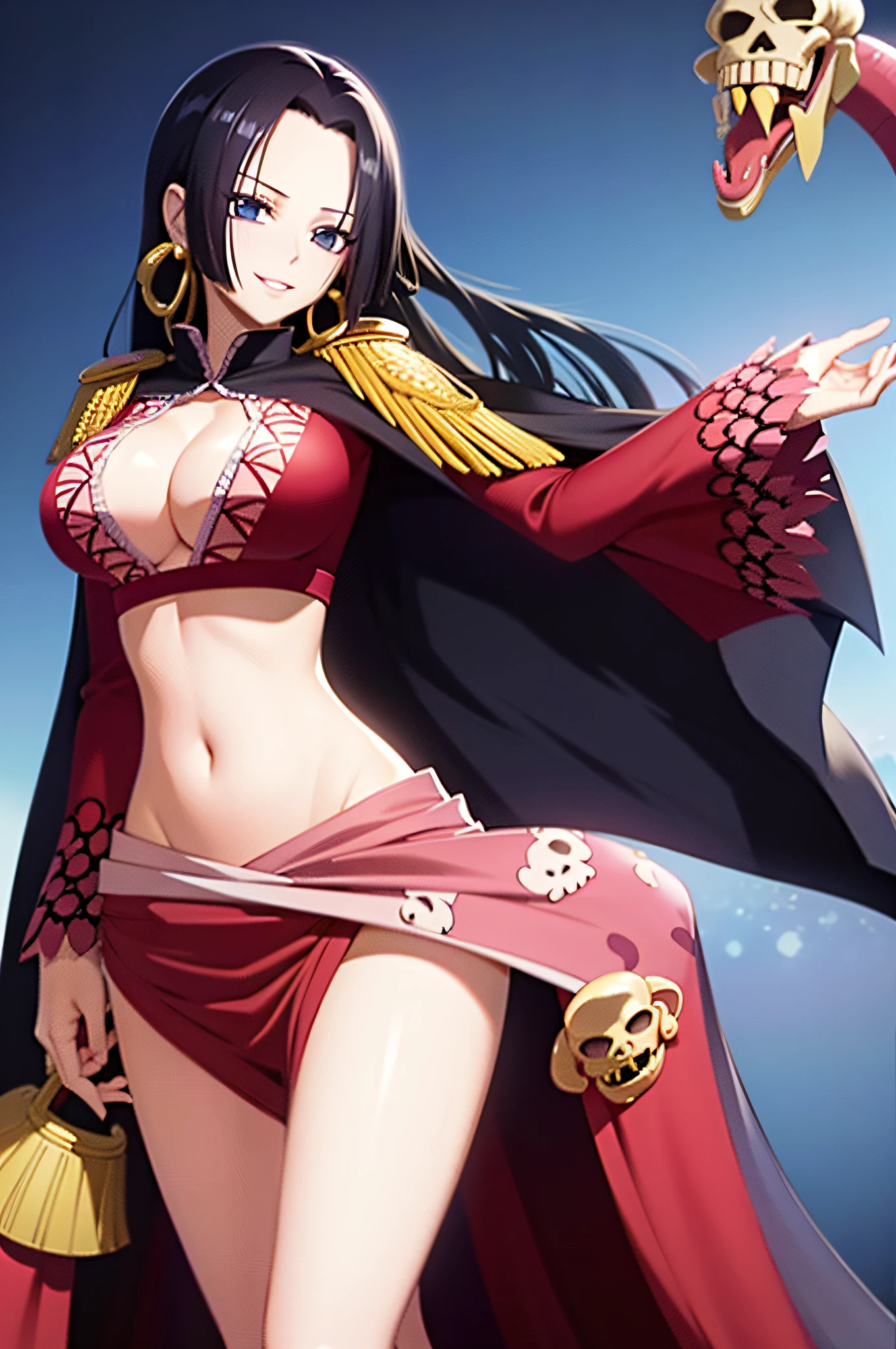 nvdiboya,skull_snake,cape, crop top, epaulettes, midriff, groin,light smile,sexy,best quality