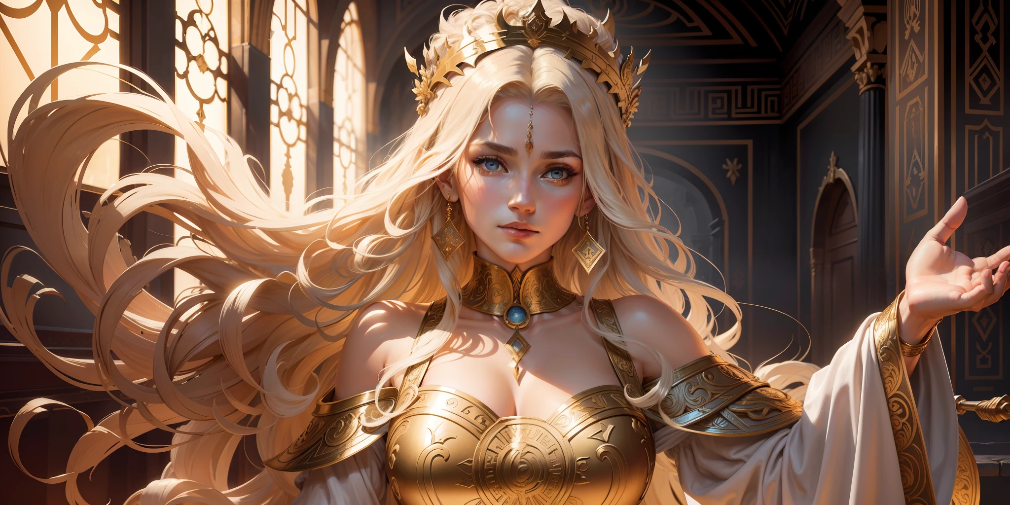 image of a crowned woman, in a temple, poses, digital painting greek myth, battle between good and evil, greek mythology, characters from greek mythology, greek gods, classical greek mythology, greek dark myth, dramatic art, thunderous battle, godrays digital painting, as an offering to zeus, art mythology, epic mythology, long curly hair, blond, floral frame, decorative panels, abstract artistic, by Alphonse Mucha (masterpiece, best quality, high resolution: 1.4), detailed, intricate details, 4K, color splashes, line art, fibonacci ,