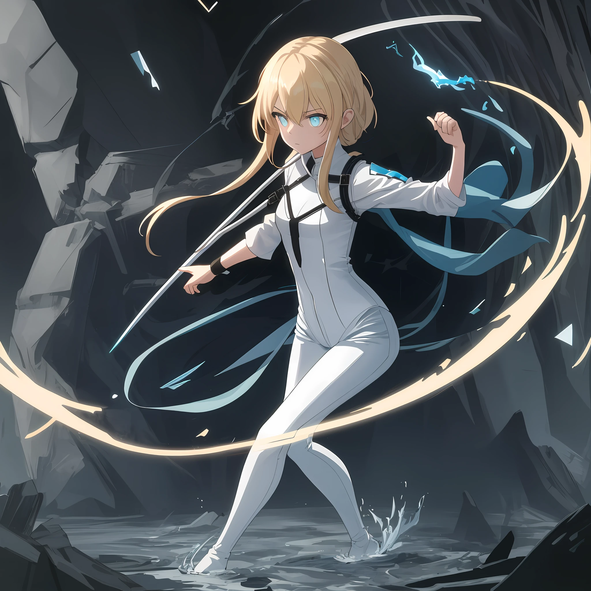 highres, masterpiece, best quality, 1girl, simple background, cg game, ultra detailed, cinematic lighting, high contrast, sharpness,
arknights, cyan hair, pixivFANBOX, skinny, float long blonde hair, tall, detailed white clothes bodysuit and thin jeans, water eyes, fire, with light dagger in hand, by Jack Kirby style