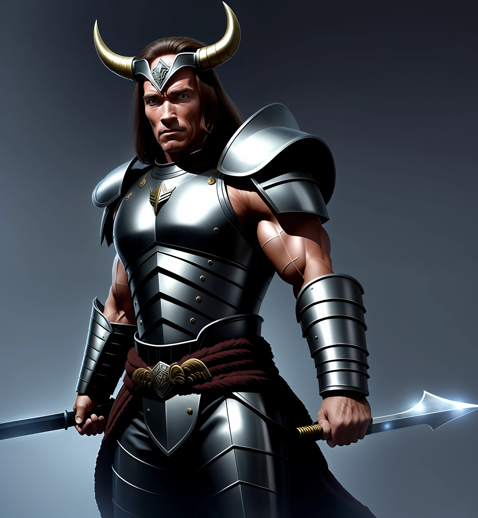 Arnold Schwarzenegger, conan, armor, horned helmet, holding sword, dark environment