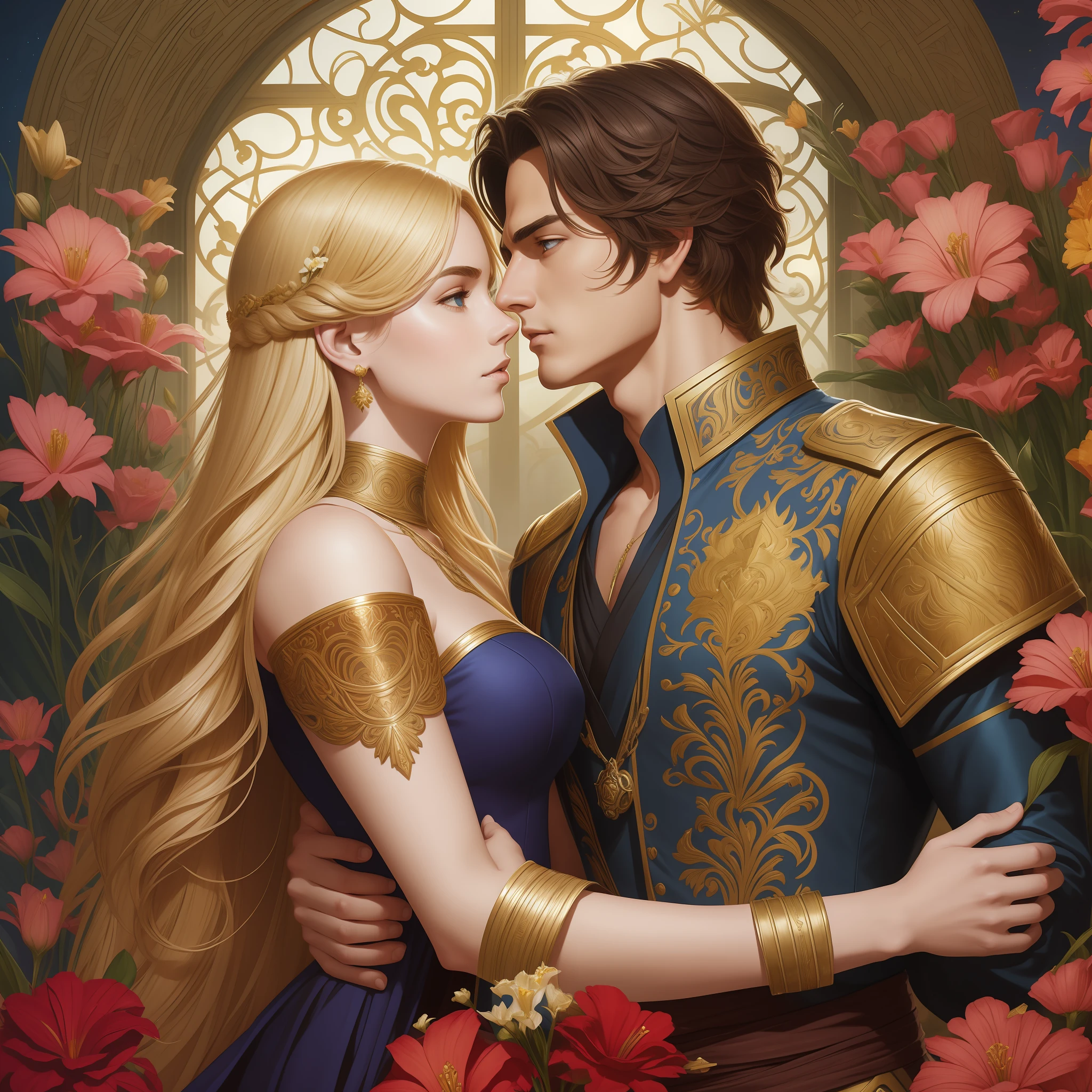 Two people 1 Neels Visser is a prince who has golden blonde hair, wears a medieval military outfit and is in love with the commoner 2 Lily Collins, who has curly black hair and wears a red dress, the two kiss very affectionately, illustration of a romance book cover with a detailed, smooth, bright background full of flowers, art by Greg Hildebrandt, Citemer Liu, Stjepan Sejic, Samyang, Aykut Aydogdu, Justin Gerard, Alphonse Mucha, Artgerm, WLOP and Greg Rutkowski