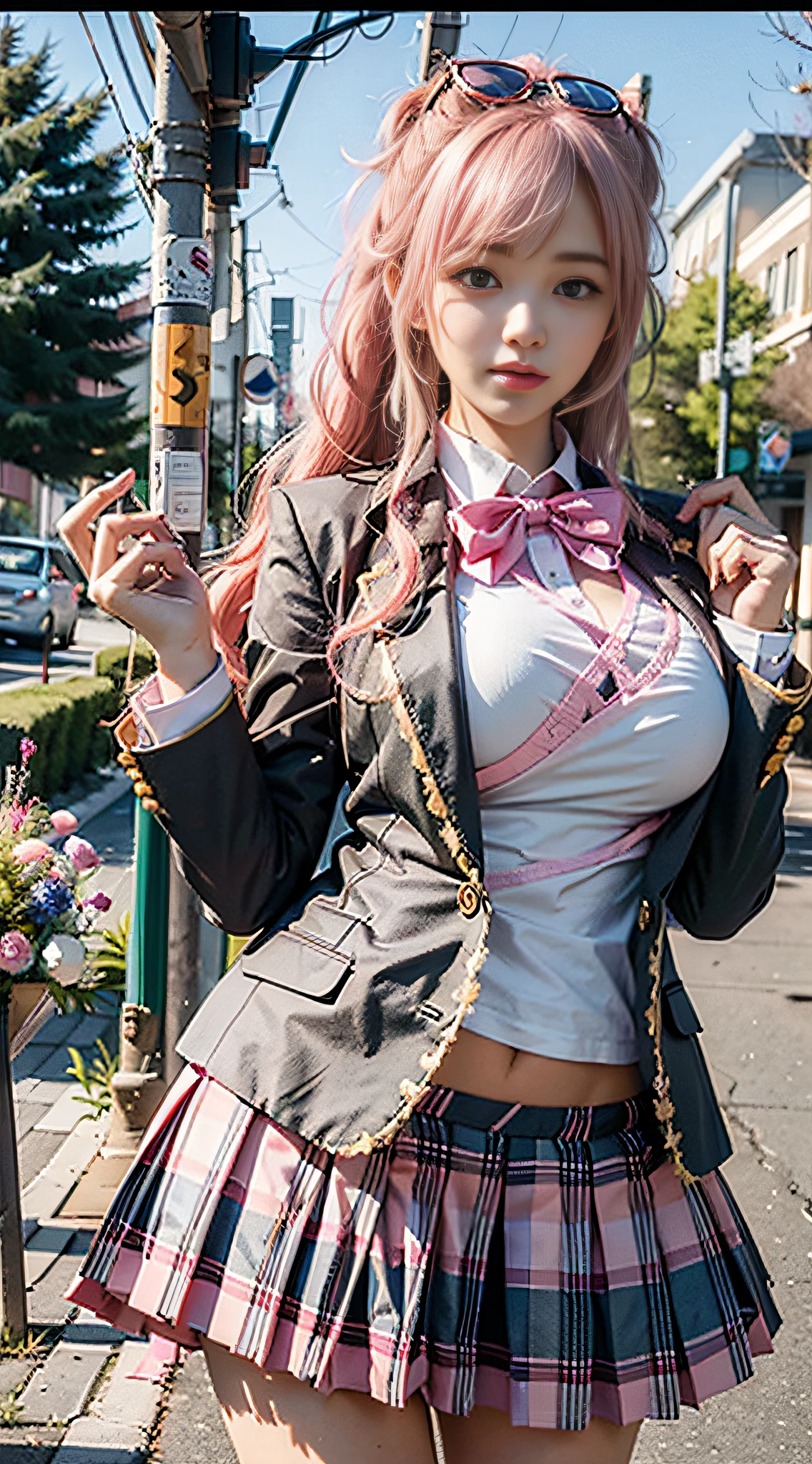 voluptuous body, beautiful face, photogenic , 3D, Blazer uniform, long pink hair in curls, hands raised, 校庭, 唇, High school student, schoolyard, school uniform, real,
