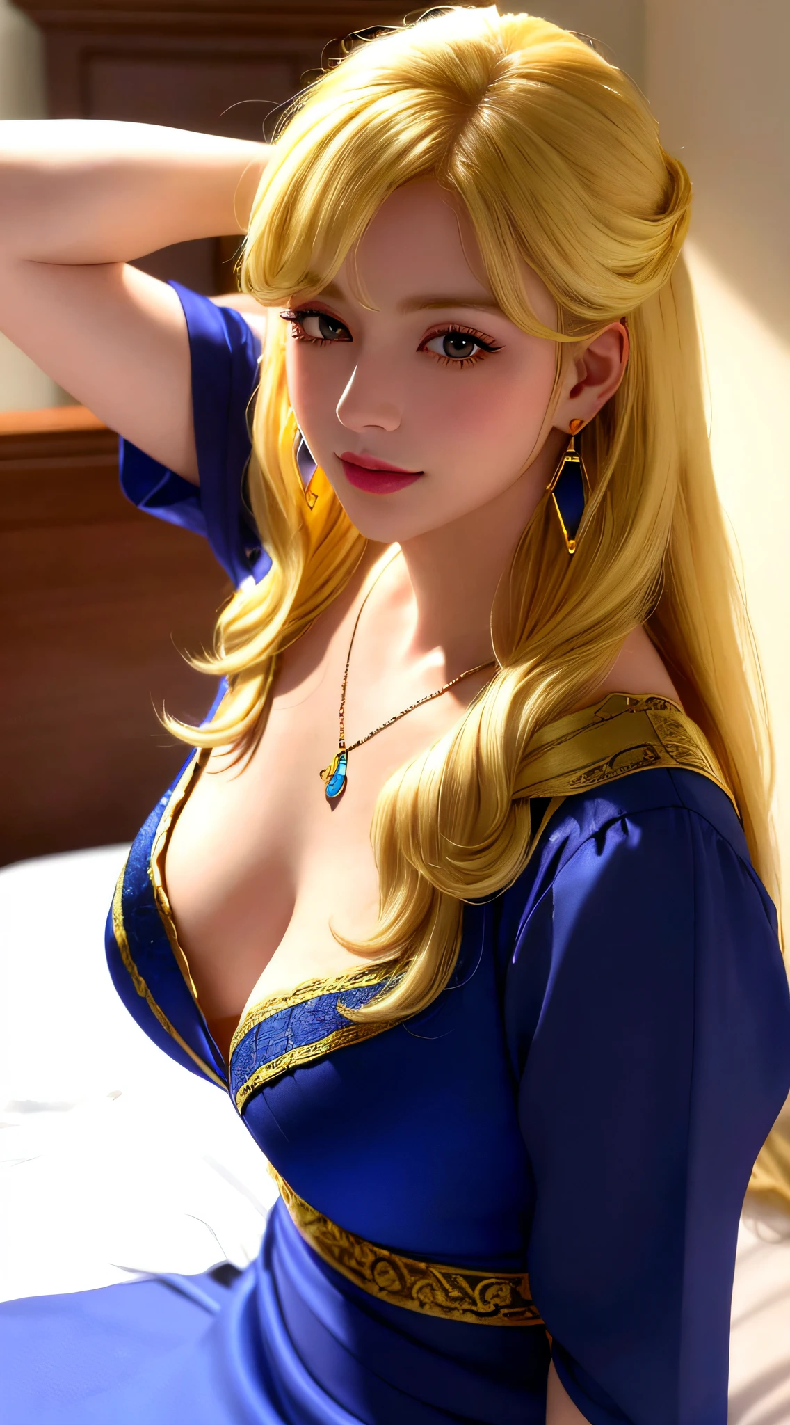 lying on bed, aroused, necklace, earrings, full body, tied long blonde hair, blue dress, superb, ultra-high-definition, RAW photo, realism: 1.25), (bright lip gloss, long eyelashes, smooth face, bright skin, natural shadows, wide light, wide light, depth of field, strong colors, subtle caustics: 0.8), (big tits), v6