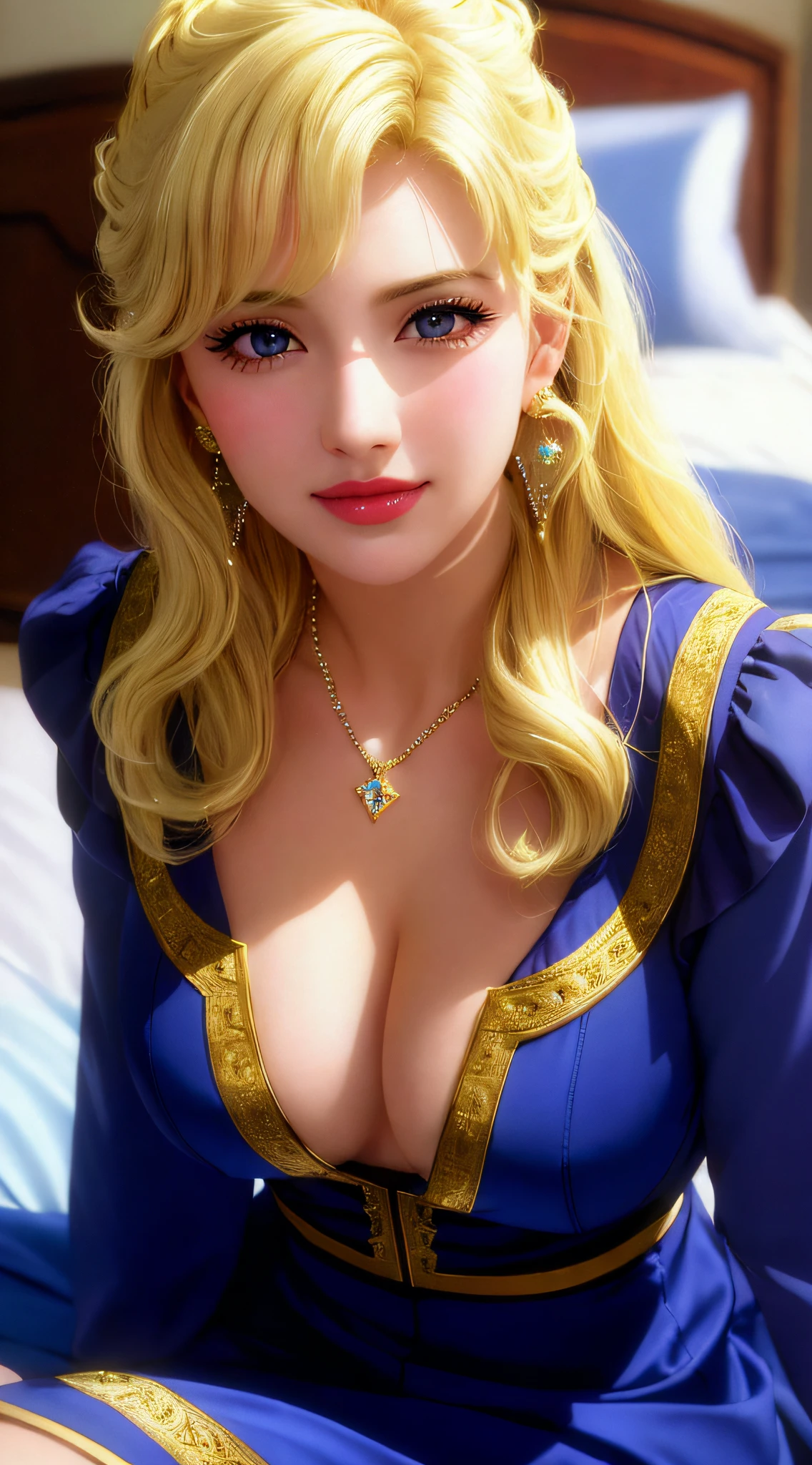 lying on bed, aroused, necklace, earrings, full body, tied long blonde hair, blue dress, superb, ultra-high-definition, RAW photo, realism: 1.25), (bright lip gloss, long eyelashes, smooth face, bright skin, natural shadows, wide light, wide light, depth of field, strong colors, subtle caustics: 0.8), (big tits), v6