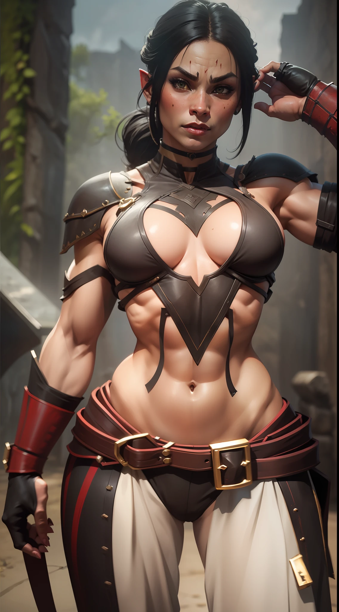 A photo of y beautiful female orc, flexing warrior, full body, close-up shot, looking to side,