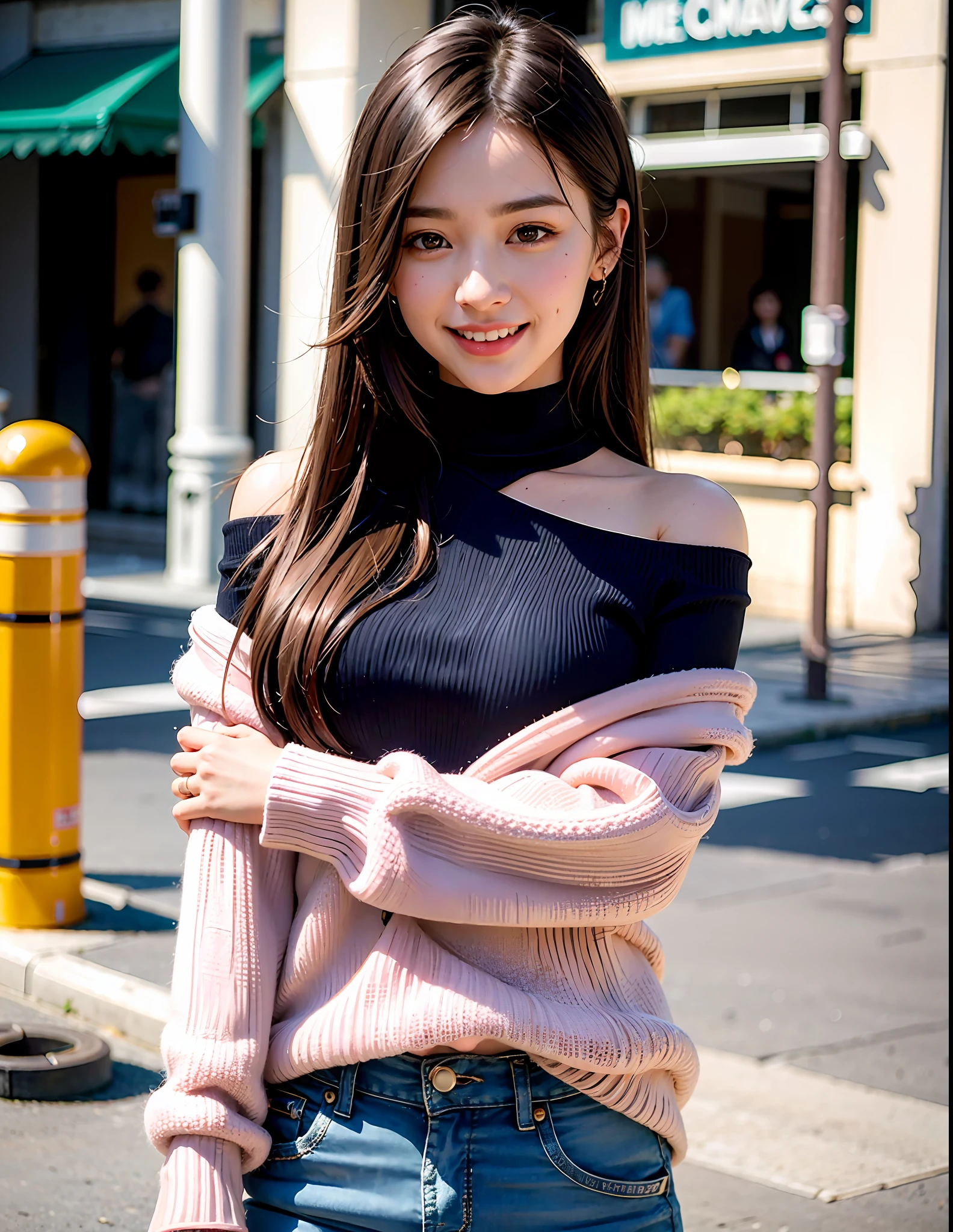 (8k, RAW photos,Best quality, High Resolution:1.1), (Hyper-realistic:1.4),(Realistic, Photorealistic:1.3), Soft light,Realistic face,Realistic body,Realistic skin,Absurdity,Masterpiece,(Cute:1.8),(Long hair,Half Up),(Big:1.2),Detailed black eyes,Innocent eyes,drooping eyes,(Smiling eyes:0.6),(grinning :1.2),teardrop,open lips,grin,blusher,good style,off-the-shoulder sweater,black skinny jeans,cinema lights,film grain,closeup,look viewer,full body,depth of field,blurred background,eye focus,young,85mm lens, f/1.4,professional lighting,portrait,photon mapping,radiosity, physical rendering, transparency, Japan girl, day, sunny, street corner, survey