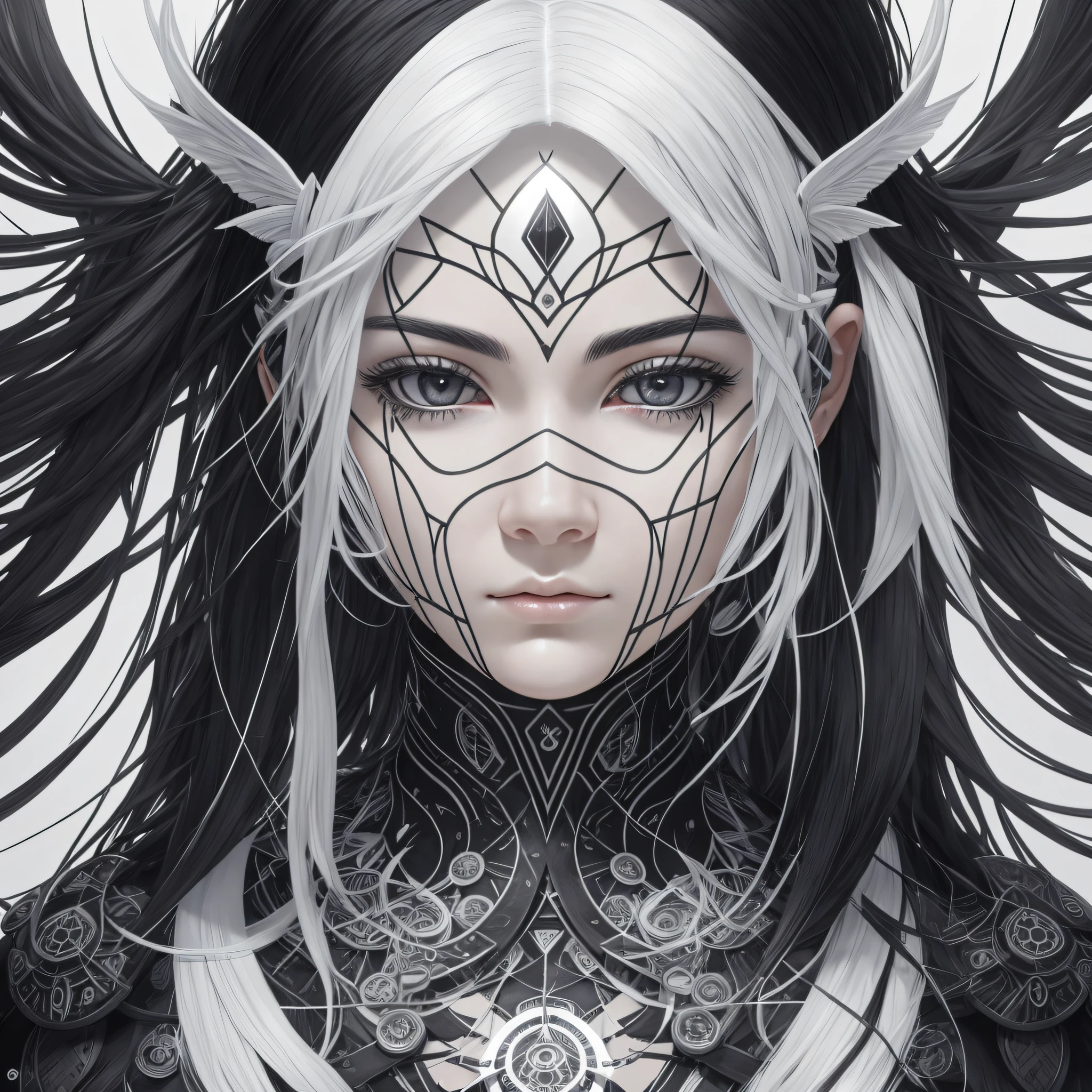 black and white hair, long hair, sad, white eyes, super detailed skin, Surrealism, ray tracing, close-up, symmetry, masterpiece, high quality, 8k, high details, --auto --s2