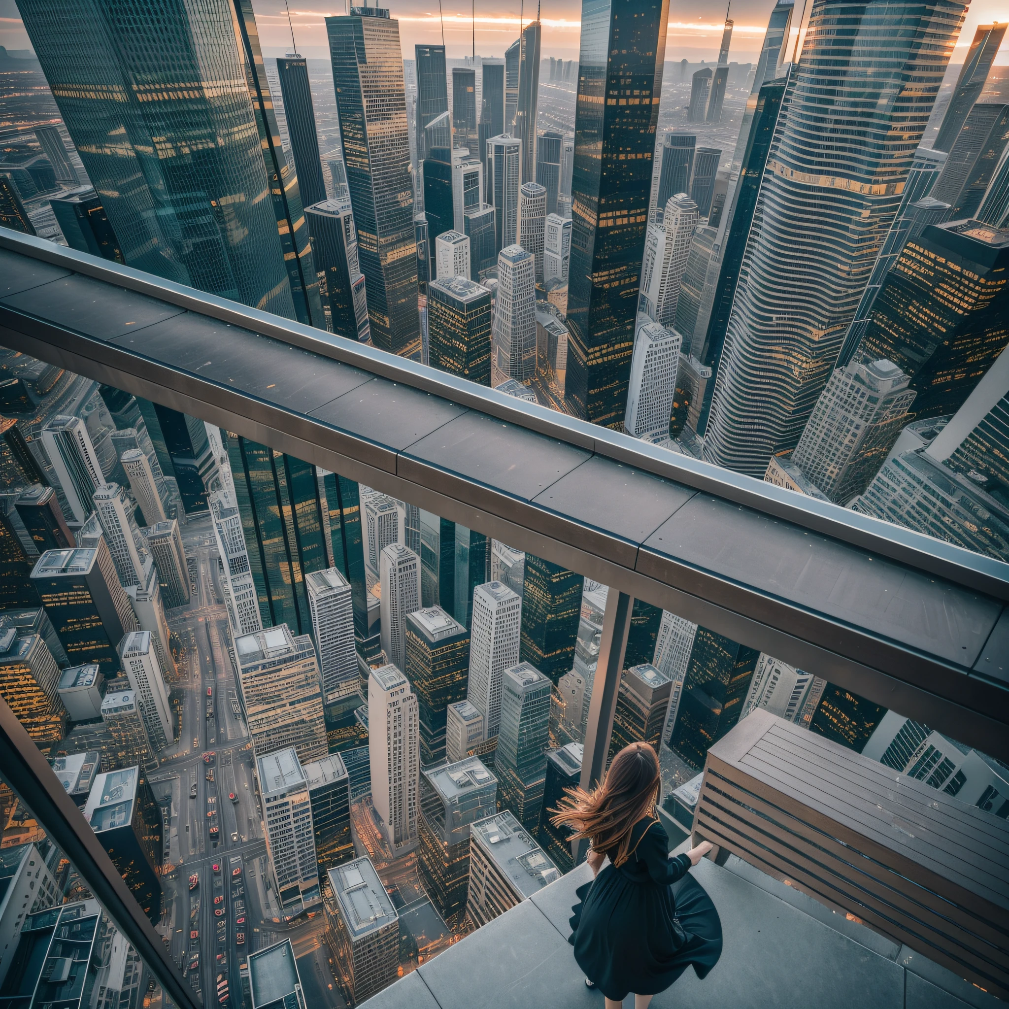 Moody colors, dramatic composition, vertigo-inducing perspective, cityscape, urban skyline, wind-blown hair, contemplative atmosphere:0.2 captivating photograph from behind of a (young woman)1.2 standing at the edge of a towering building, gazing downwards. The cityscape sprawls below, bathed in (twilight hues)1.3, while the girl's (flowing dress)1.2 flutters in the wind. The shot captures a moment of solitude and introspection, inviting viewers to ponder the depths of the urban abyss.