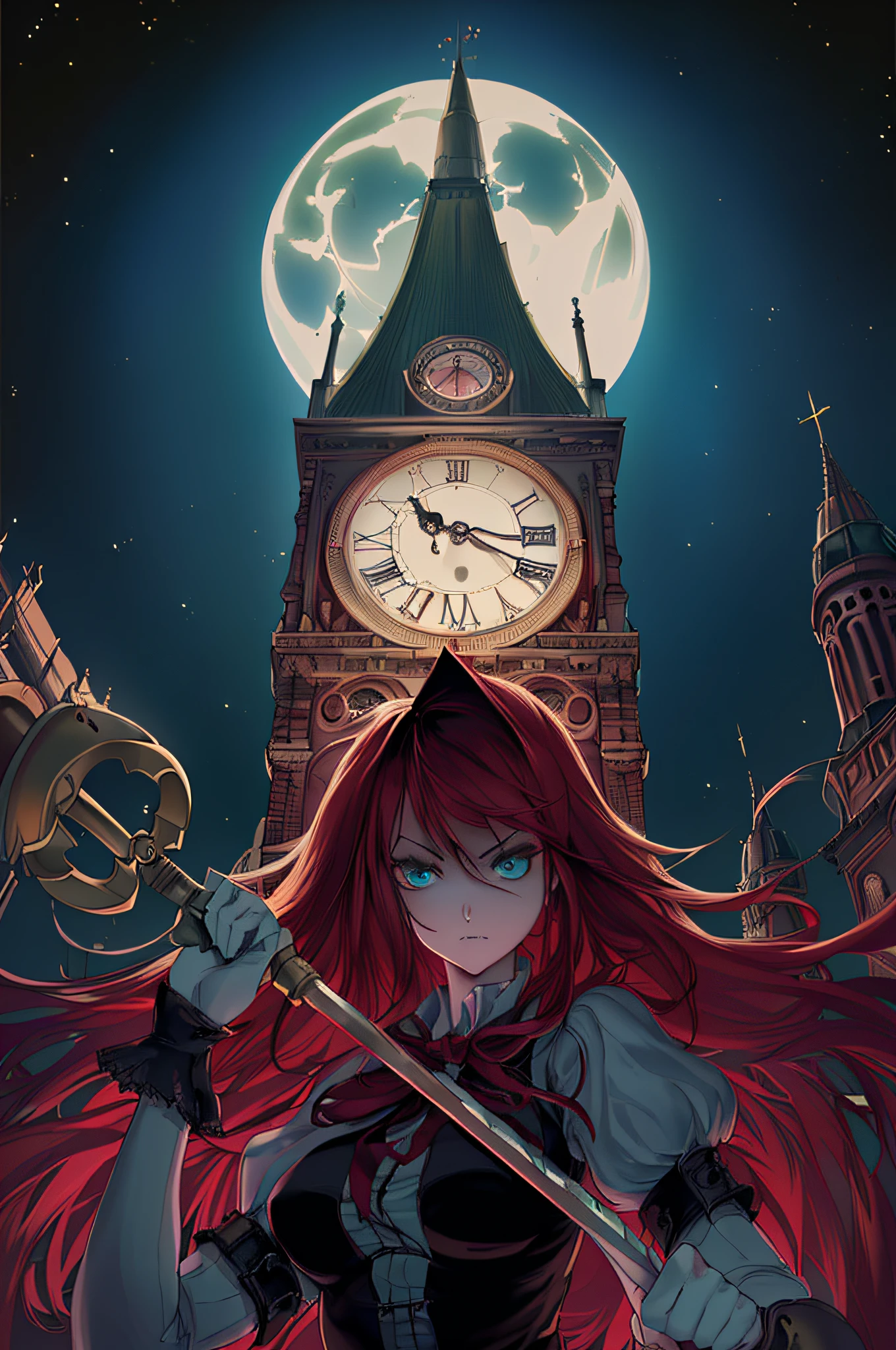 anime girl with red hair holding a sword and a clock tower, clocktower, anime art nouveau, pixiv contest winner, nightcore, clockwork, anime wallaper, bloodborne style, clockwork woman, goddess of time, zerochan art, gothic maiden anime girl, digital anime illustration, digital art on pixiv, trending on artstation pixiv