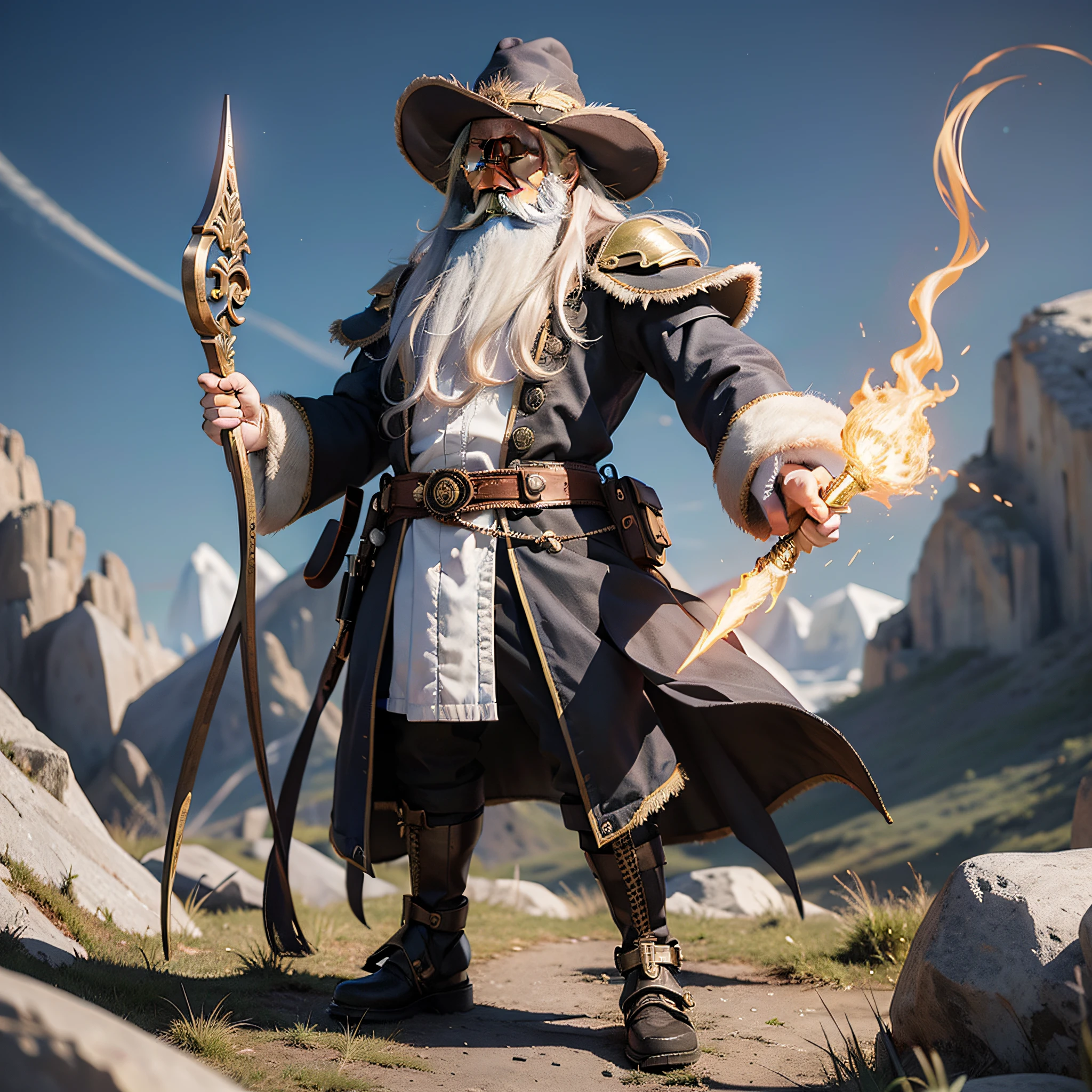 Wizard 70 years full body, long white beard, angry, holding staff, big hat, 4k, with artificial intelligence technology background, ie two different worlds in the same image