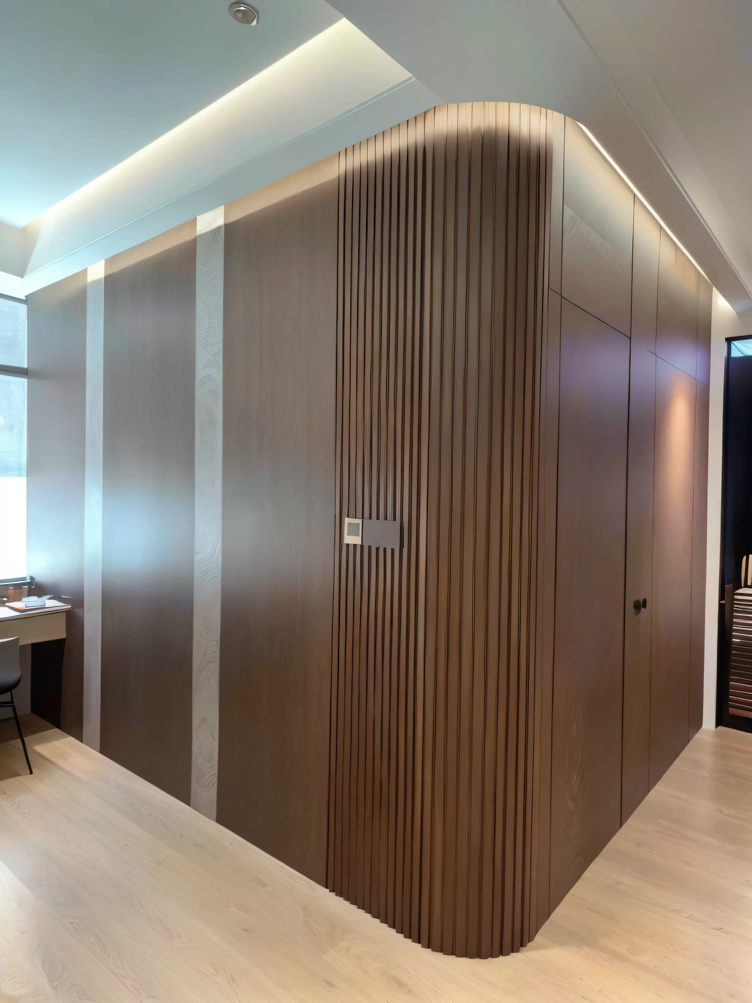 there is a room with a desk and a chair in it, smooth panelling, wooden walls brass panels, wood panel walls, wood panels, metal cladding wall, wood paneling, well contoured smooth fair walls, with detailed wood, from 8 k matte, wood accents, black vertical slatted timber, wooden casing, interior wood