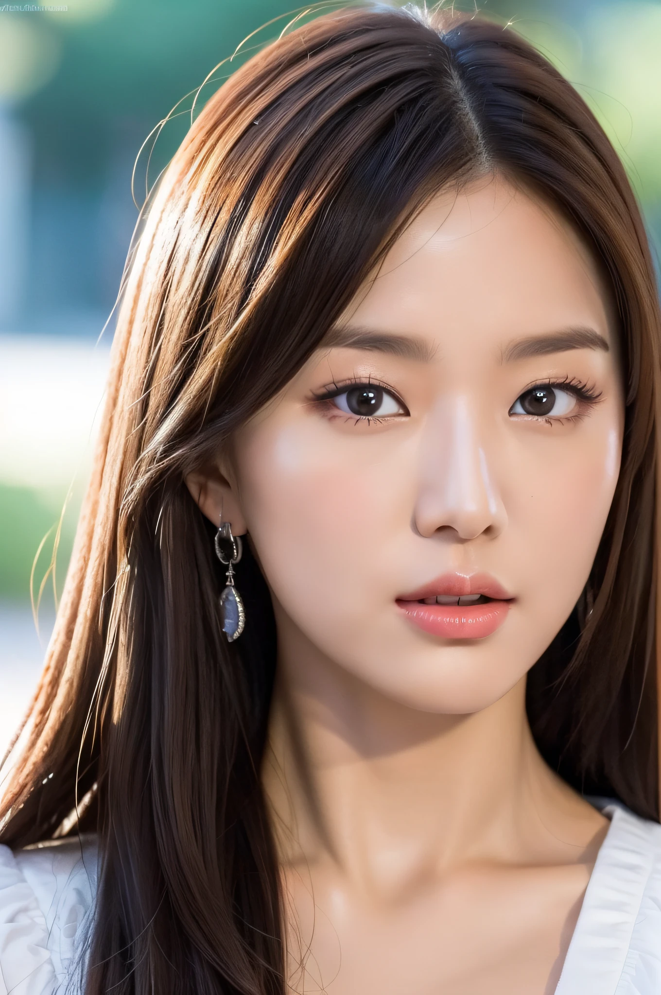 ((top quality, 8K, masterpiece: 1.3)), Sharp Focus: 1.2, (1 cute Korean star: 1.4) Realistic photo, black hair, big, wearing a white blouse, very detailed eyes and face, sharp pupils, realistic pupils, sharp focus, movie lighting, off-shoulder, highly detailed eyes and face, realistic pupils, sharp focus, movie lighting, cleavage, happy
