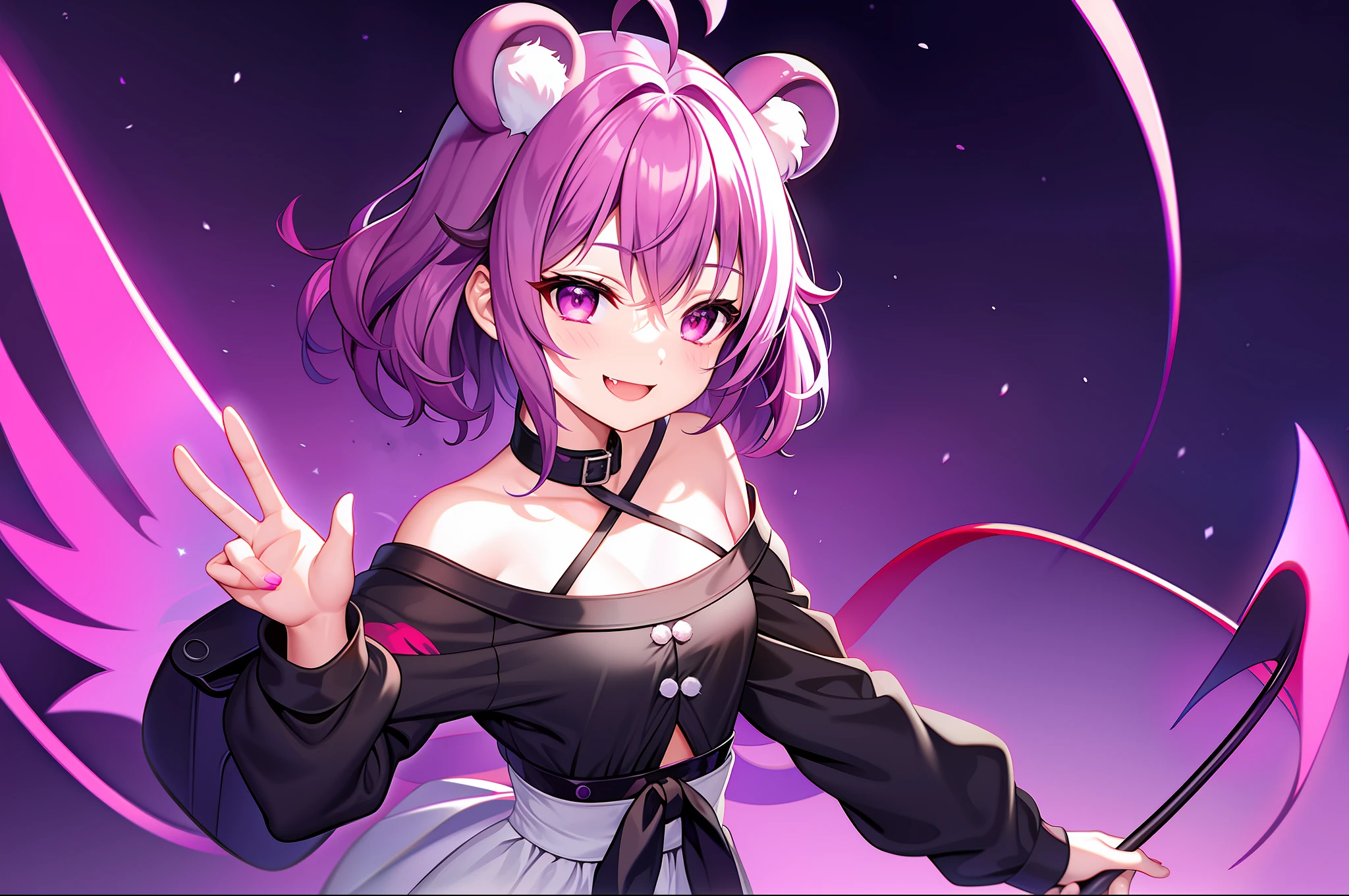 masterpiece, SFW, safe, hires, absurdres, purple hair, short hair, wavy hair, fluffy hair, ahoge, devil horns, magenta eyes, pink eyes, pale skin, 1 fang, 1fang, fang, wings, demon wings, beauty mark, bear ears, kemonomimi, bear girl, demon girl, wavy bangs, bangs, 1girl, solo, alone, flat chest, small breasts, demon horns, baggy clothes, fully clothed, covered chest, demon tail, bear tail, swept bangs, wispy bangs, bags under eyes, purple bear ears, eyeliner, emo, alternative fashion, streetwear, street fashion, half closed eyes, half-closed eyes, lidded eyes, bored, smiling, smile, fanged smile, sleepy, friendly, shy, nighttime, night time, city, purple, no ears