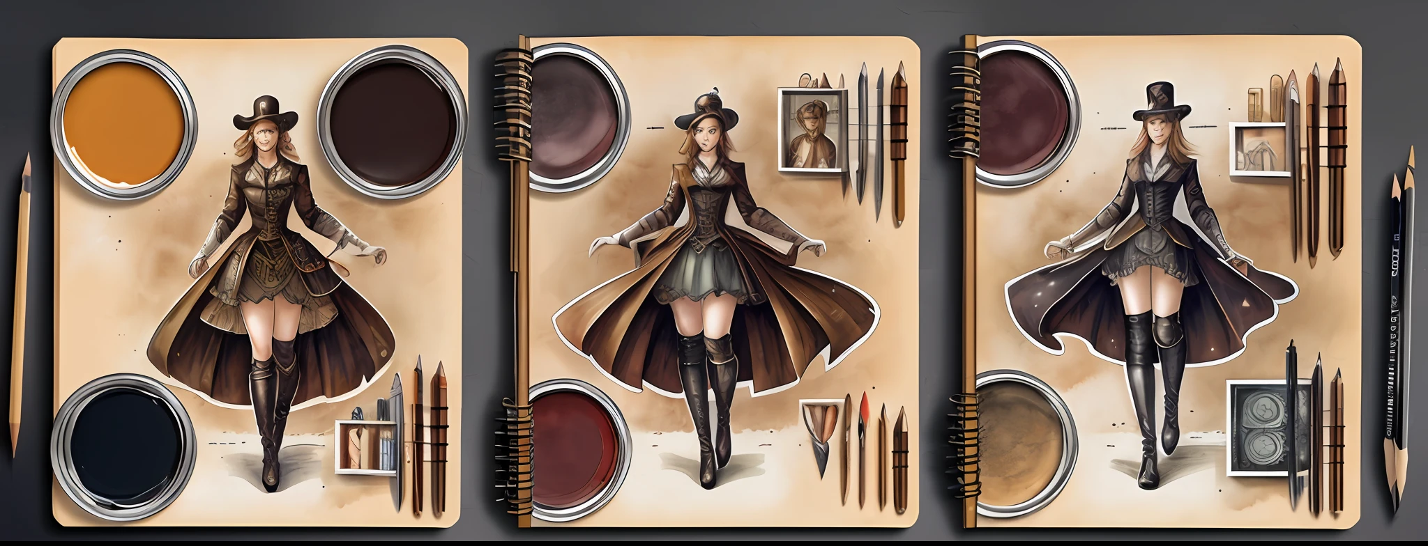 steampunk girl, vintage, beautiful face, flawless art line, watercolor, colored pencils, high quality, detail, wide background, perfect for book, steampunk, perfect anatomy, centered, approaching perfection, dynamic, highly detailed, watercolor painting, masterpiece, watercolor art, natural light, complex, elegant, full body, full body shot, pieces of color, sketchbook, hand drawn, dark, grainy, realistic sketch, rough sketch, character sheet, full body, beautiful and stunning full body, detailed full body, (((full body shot)))), realistic illustration --auto --s2