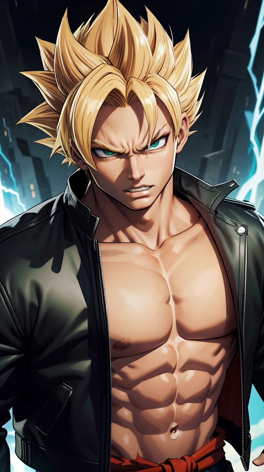 (masterpiece, best quality), intricate details, 8k, artstation, wallpaper, official art, splash art, storm in background, sharp focus, 1boy, (photorealistic:1.2) (bokeh) (detailed skin:1.3) (detailed eyes) son goku, angry, battle damage, blonde hair, black leather jacket, clenched teeth, furious, green eyes, male focus, muscular, pectorals, silver chain, solo, spiked hair, super saiyan 1, teeth, topless male, torn clothes, red bandana,