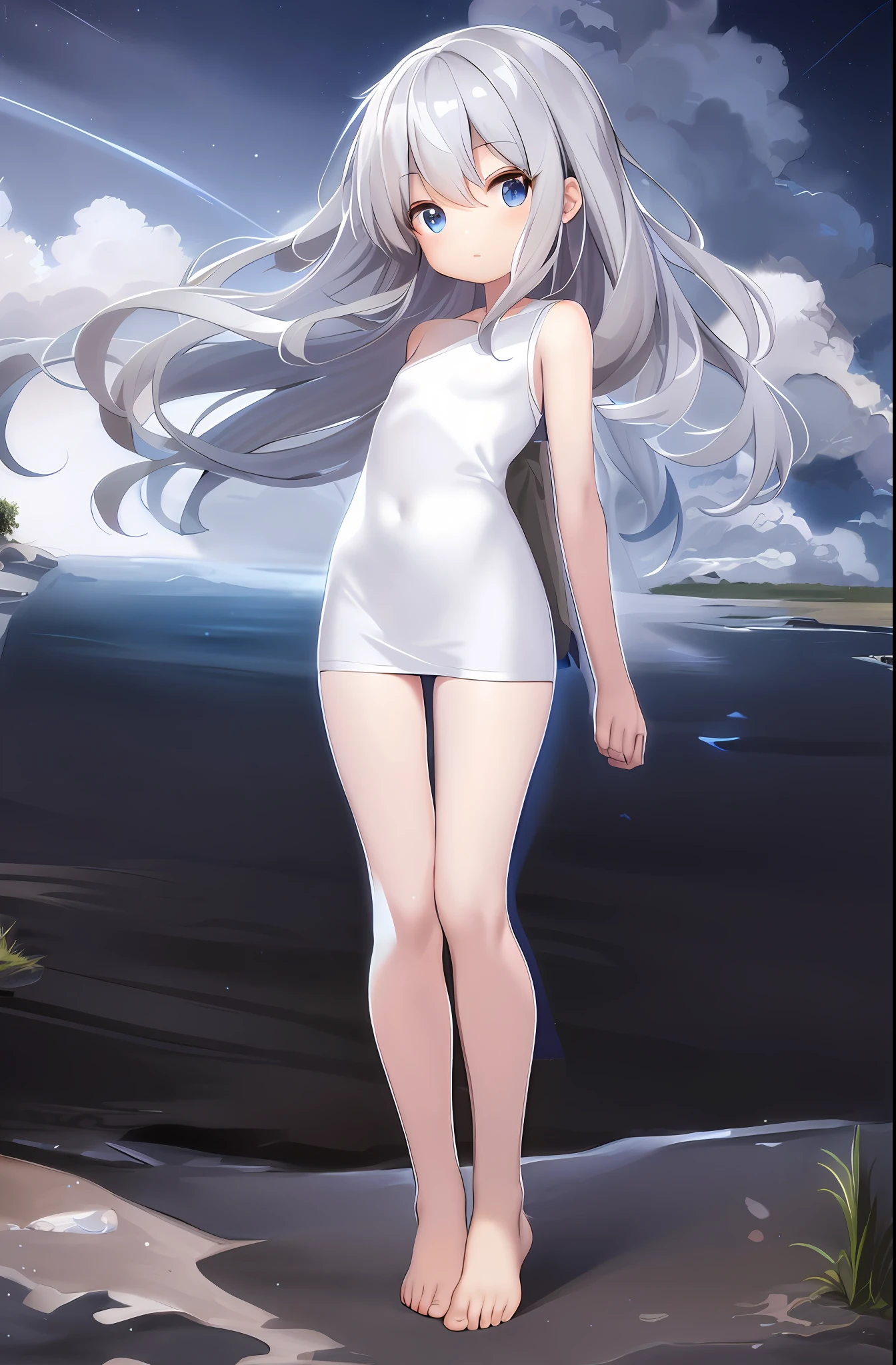 (Cute girl: 1.45), ultra-fine illustration, blue sky, shooting star, whole body, looking at the sky, silver hair, blue eyes, silver hair, blue eyes, brown blanket covering the whole nude body, barefoot, windy, summer, dry earth, gravel, wilderness, beautiful sky, thin outline, light reflection, brown cloth, anime girl posing with long gray hair and white dress, April rendering, anime full body illustration, female anime character, Azure Lane Style, pixiv 3DCG, Seductive Anime Girl, Official Art, Official Character Art, ??????????? Loli, From Girls Frontline, Reincarnation Shitara Slime Dattaken, Official Artwork, Character of Azure Lane