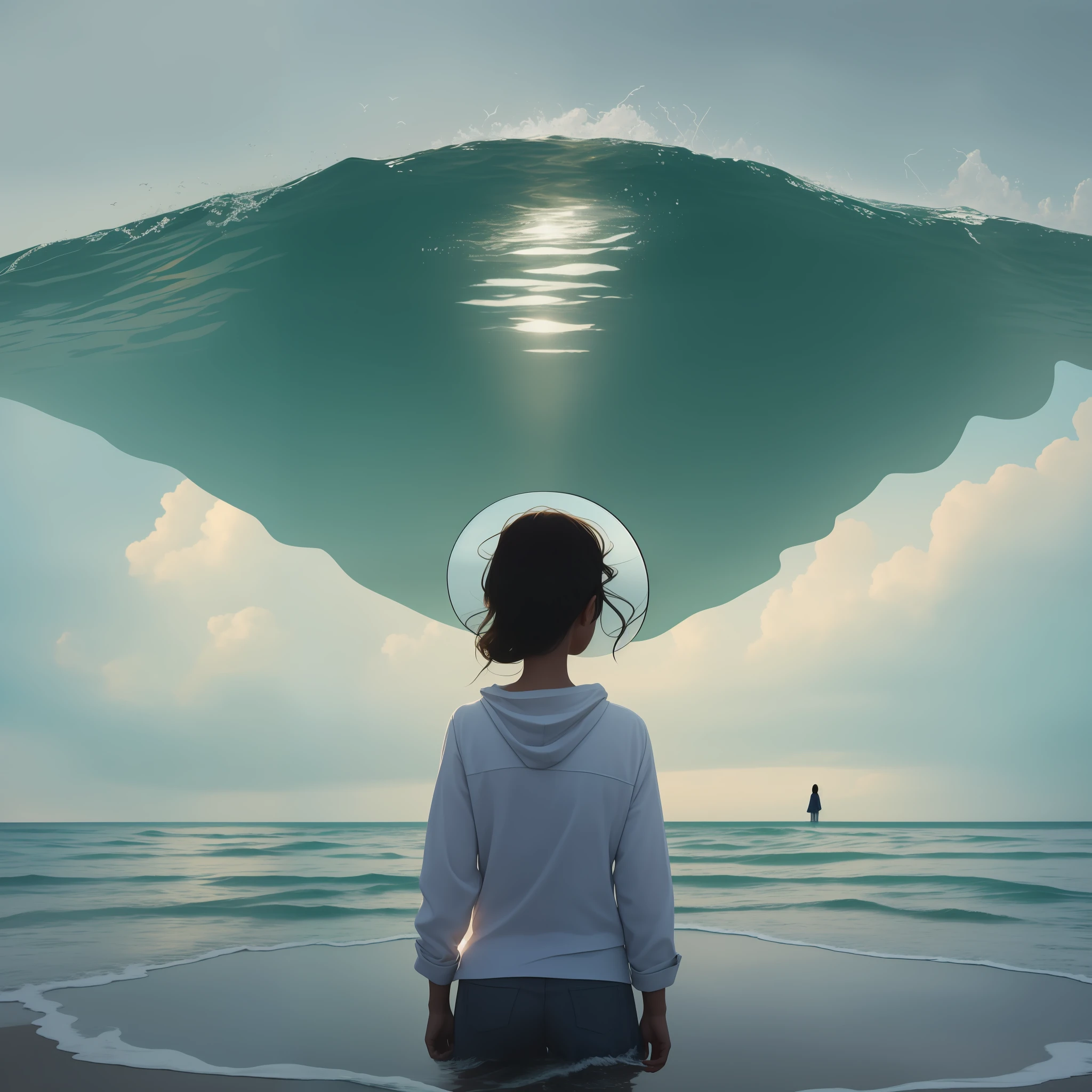In the image, we see the sea extending as far as the eye can reach. The day is cloudy, and this creates a tranquil and contemplative atmosphere. The absence of direct sunlight suggests a sense of introspection and reflection. In the center of the image, there is a girl. Her posture indicates that she is immersed in deep thoughts, lost in her own reflections. Maybe she's looking at the distant horizon, but her facial expression suggests that her focus is turned inward. The presence of the sea, a symbol of vastness and power, can represent the immensity of the girl's thoughts and emotions. The sea can also symbolize the journey of life, with its uncertain tides and unknown depths. The cloudy environment may indicate a time of uncertainty or challenge in the girl's life, leading her to seek answers and inner clarity. The combination of the sea and the overcast day suggests a melancholic atmosphere, but also conveys a sense of calm and serenity. It is as if the girl is finding a refuge in her own introspection, seeking to understand herself and the world around her. This profound image invites us to reflect on our own inner journey, on how the environment around us can influence our thoughts, and on the importance of setting aside time for personal contemplation.