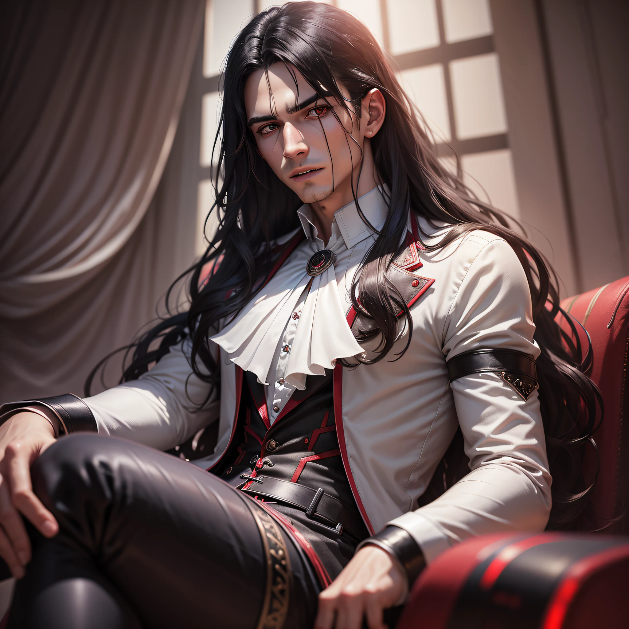 Male man, vampire outfit, white blouse, long wavy hair, red eyes, black pants, young, sitting armchair. Background: cinematic room, extreme realistic, light particles, maximum focus, realistic body, realistic face, professional lighting, octane render, beautiful features, unlimited light, magnificent, detailed skin texture, extreme details, cinematic lighting, (masterpiece), (ultra detailed), (ultra-HD), focus --auto --s2