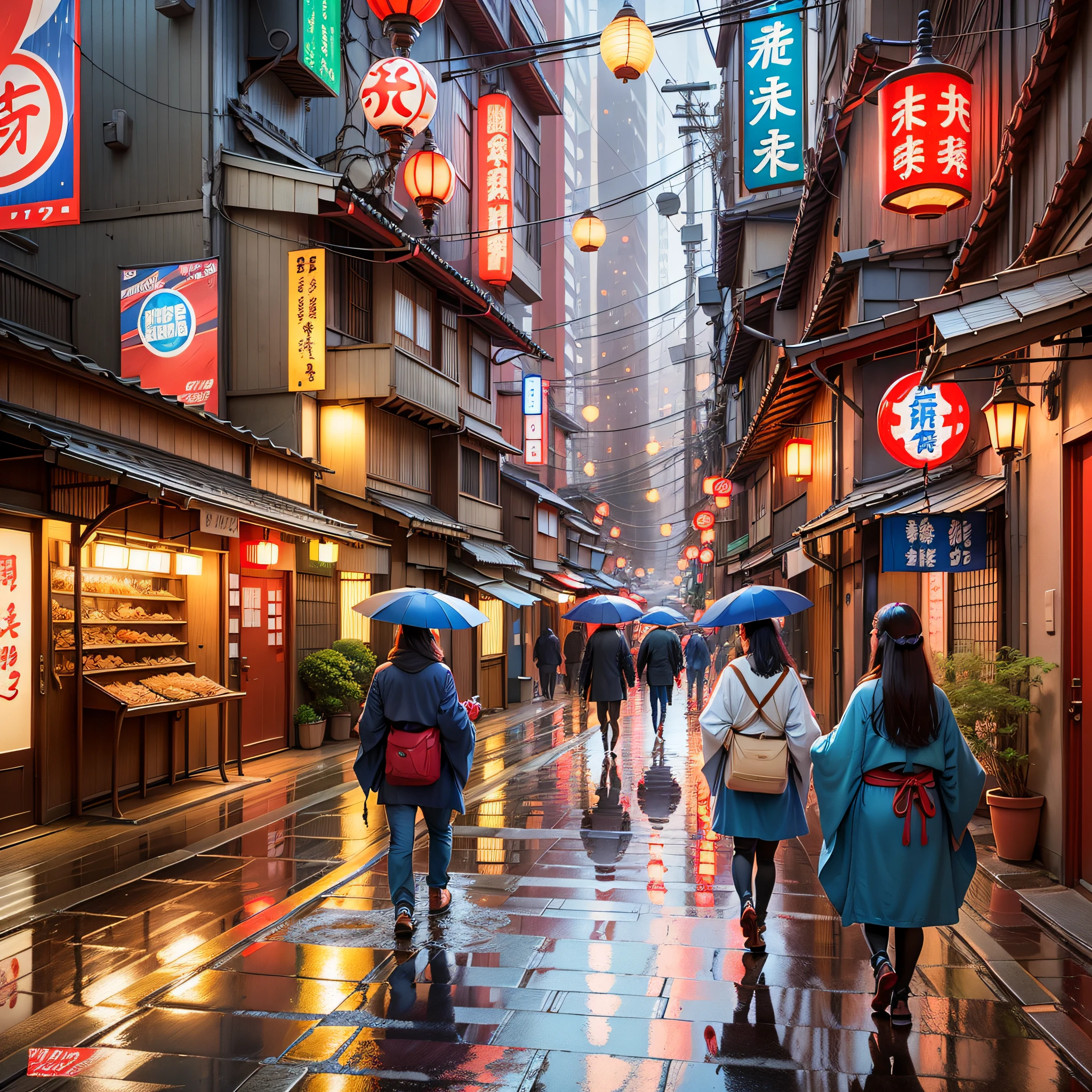 >There was an ultra-realistic photo of a Japanese alley with gorgeous reflections on the ground, intricate details, blue and red lamps, posters of ramen and Japanese food, people walking, rain falling and ramen ads." --auto --s2