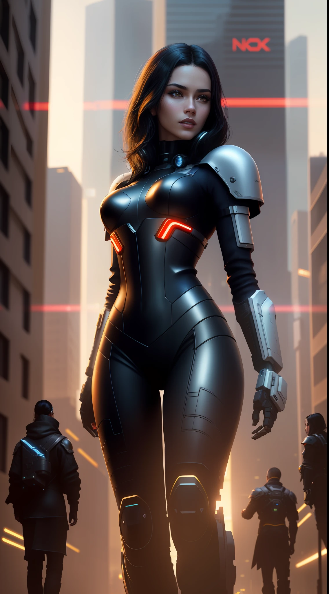 solo, 1 woman (black hair, white skin, full lips, slim, small boobs), in cyberpunk futurisct sexy robotic armor, force field arround her, stopping bullets, masterpiece, best quality, 8k, sharp focus, depth of field, best shadows, perfect lights, HDR, realistic skin texture, detailed, hyper detailed background, photorealistic, RAW photo, cyberpunk city, battle scene from an rpg book,