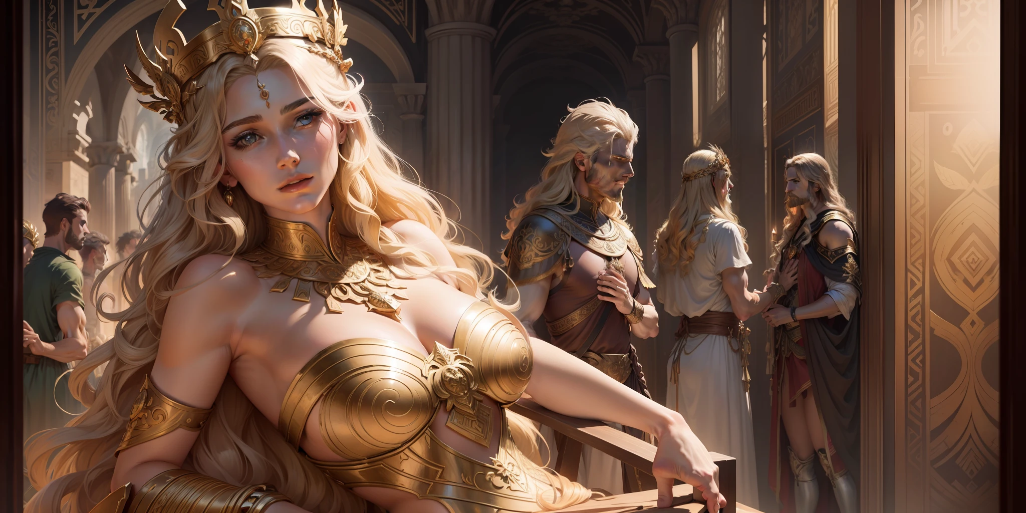 image of a crowned woman, epic scene of zeus, digital painting greek myth, battle between good and evil, greek mythology, characters from greek mythology, greek gods, classical greek mythology, greek dark myth, dramatic art, thunderous battle, godrays digital painting, as an offering to zeus, art mythology, epic mythology, long curly hair, blond,  floral frame, decorative panels, abstract artistic, by Alphonse Mucha (masterpiece, best quality, high resolution: 1.4), detailed, intricate details, 4K, color splashes, line art, fibonacci ,
