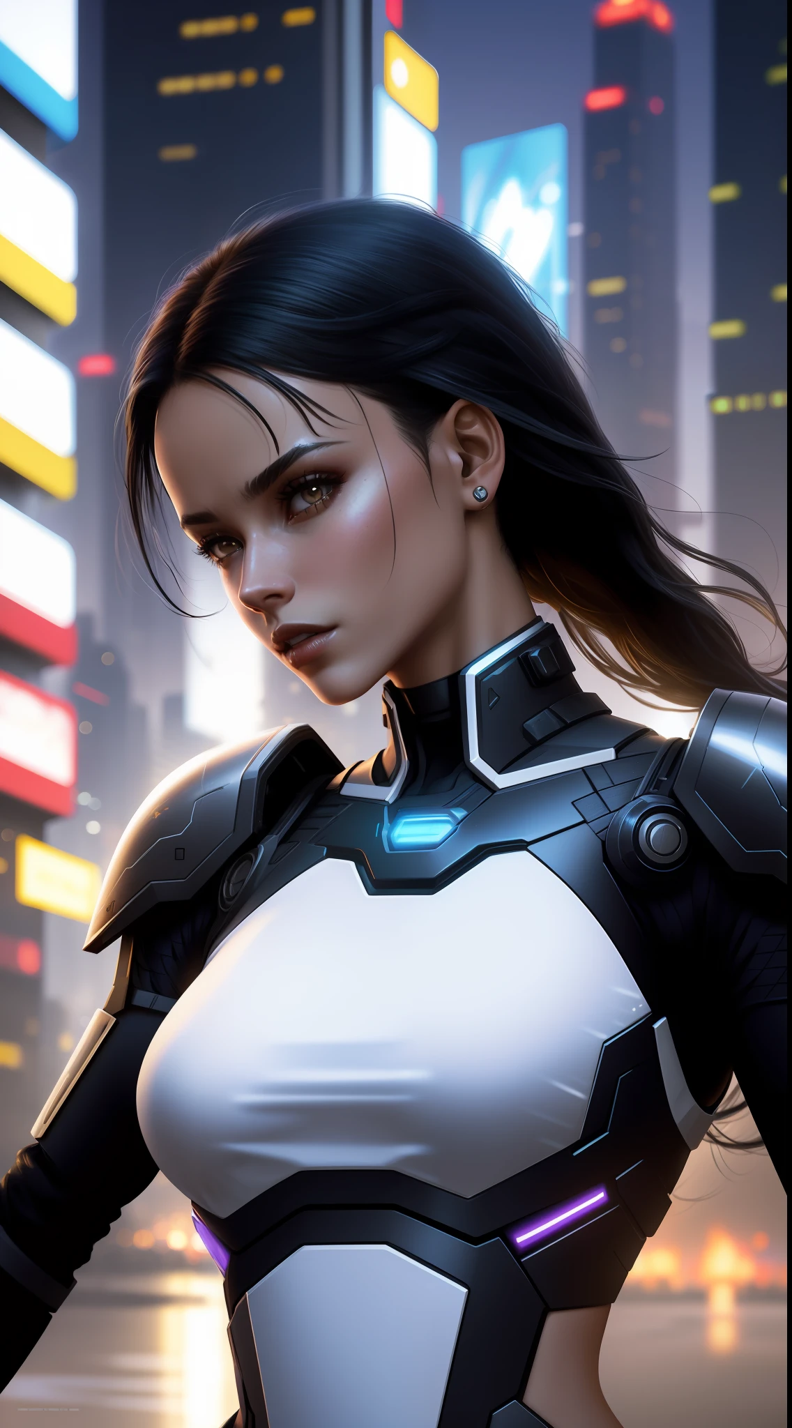 solo, 1 woman (black hair, white skin, full lips, slim, small boobs), in cyberpunk futurisct sexy robotic armor, force field arround her, stopping bullets, masterpiece, best quality, 8k, sharp focus, depth of field, best shadows, perfect lights, HDR, realistic skin texture, detailed, hyper detailed background, photorealistic, RAW photo, cyberpunk city, battle scene from an rpg book,