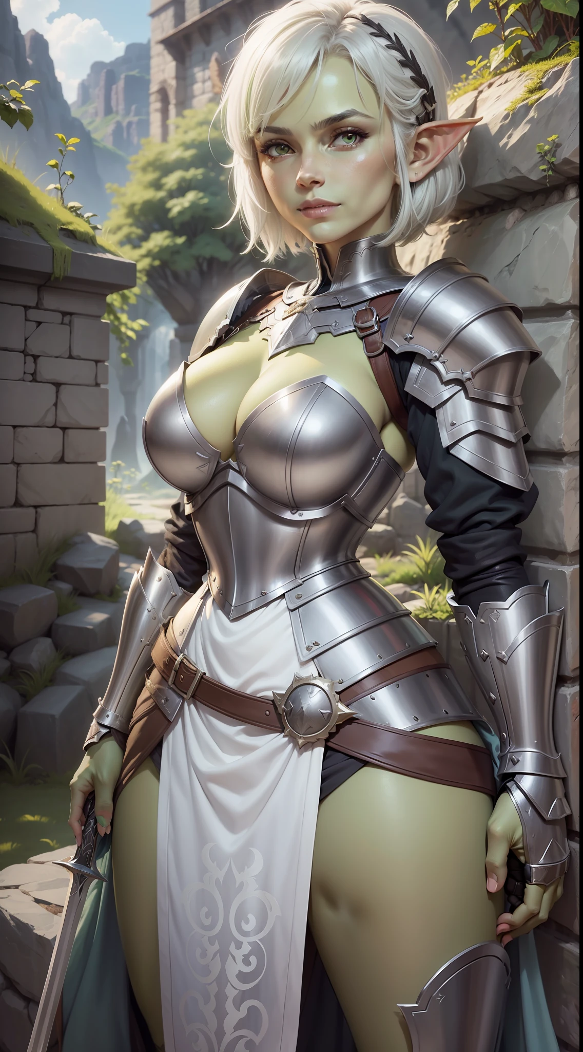 realistic portrait of cute mature woman ((green skin color)) cute smile, ((standing on stone wall)), wearing armor, short hair mega hair, pixie cut, background dark lighting, close-up, detailed facial details, perfect face, sharpness, trend art, sharp facial details, ultra high quality, line art, high fantasy, exquisite, 4k, 8k soft lighting, dreamy --iso 100, anime, line art (extremely detailed 8k wallpaper), a portrait of a noble lady, the lord of the castle's wife, wearing a golden plate armor, dramatic lighting and shadows, 8k resolution, intricate, high detail, dramatic, knight, solo female, hands resting on sword, full body, stern look, pixie cut, gauntlets, gloves, breastplate, shoulder armor, black gloves, serious face, green skin, gobgirlz, goblin, orc, half-orc, goblin girl, goblinoid, tough, stern, (((white hair))), suit of armor, sword sheathed on back, thick waist, huge tits