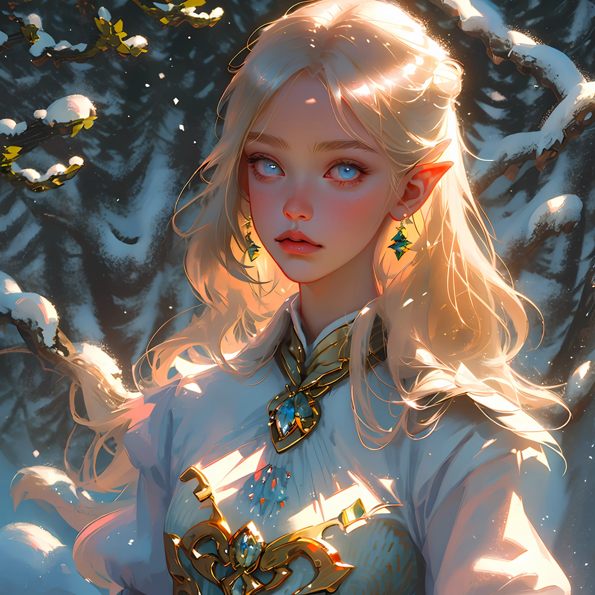 masterpiece, best quality, realistic, 1girl, upper body, 
beautiful detailed eyes, perfect face, beautiful detailed face, looking at the viewer pointing with a bow and arrow, 
Amazing sharp focus, ultra detailed, snow background, snowy forest,
short hair with bangs, light blonde hair, golden eyes, pretty eyelashes, tender eyes, soft blush, pink lips, elf ears, dressed in armor,
