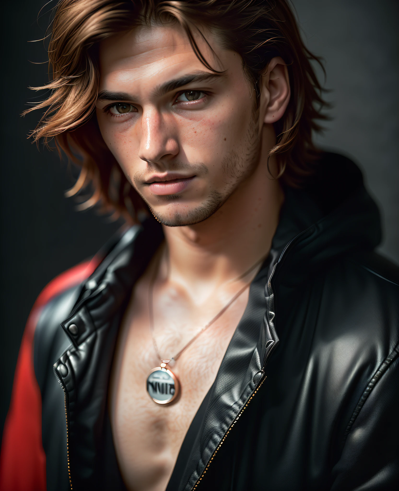 an award-winning photograph of one (handsome red man: 1.1), detailed, trend in artstation, black suit, auburn, brown eyes, sporty body, messy hair, wet hair, light long hair, necklace, 20 years old, male, extremely realistic, high quality, very detailed, dramatic lighting, digital art trends in Artstation 8k HD detailed realistic, detailed, skin texture,  Super detailed, realistic skin texture, armor, best quality, super high res, (fidelity: 1.4), high resolution, detailed, raw photo, sharp re, by lee jeffries nikon d850 film stock photography 4 kodak portra 400 camera f1.6 lens rich colors hyper realistic texture dramatic lighting unrealengine trend in artstation cinestill 800