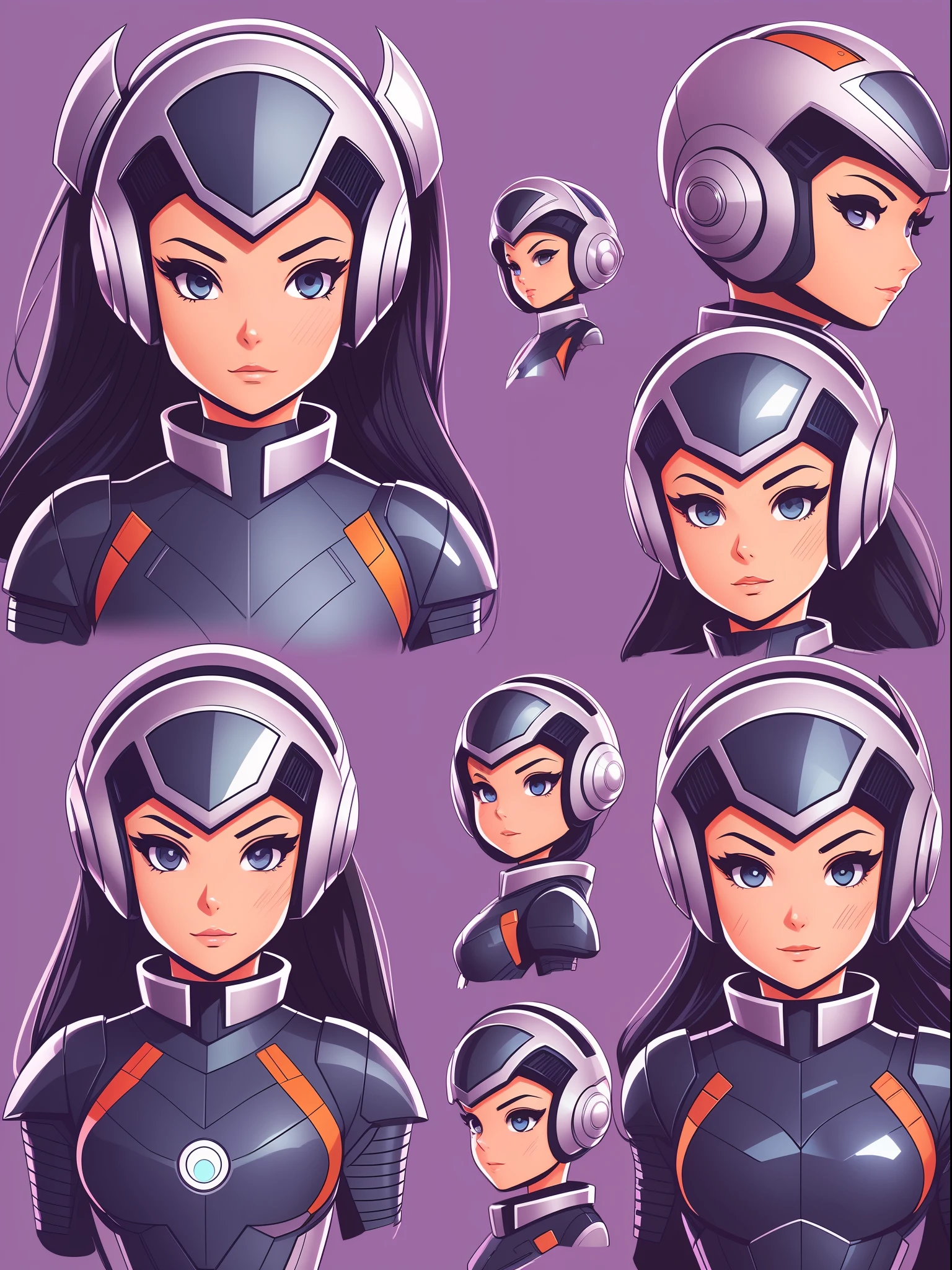 A beautiful android woman wearing EVA costume, futuristic helmet, model sheet, (((front view)))), flat background, Skottie Young style