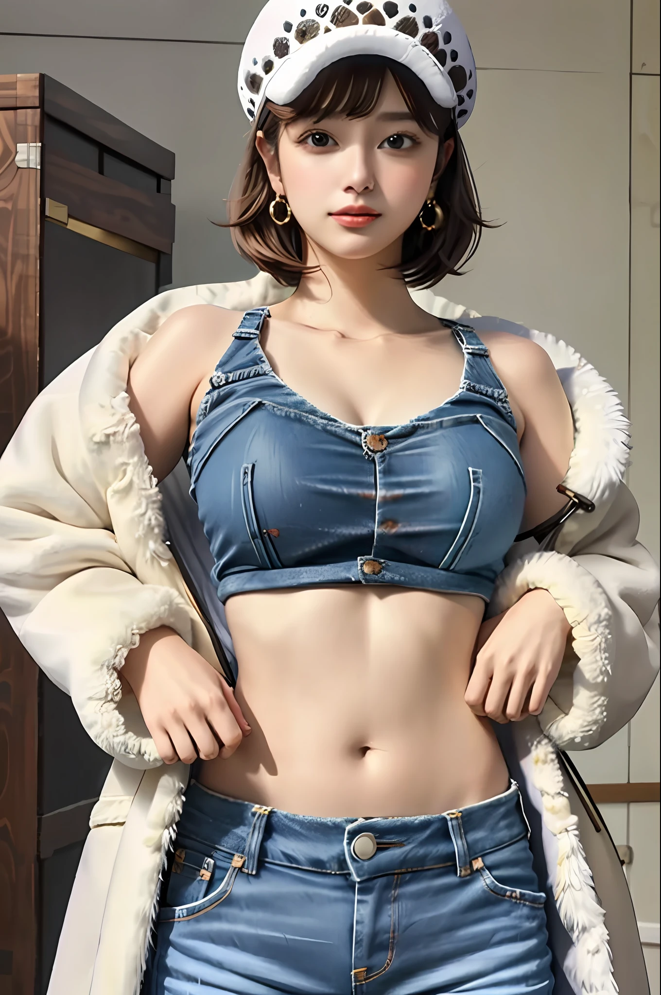 live-action, photo, slr, masterpiece, highest quality, 8K, the best, absurdity, very detailed,
women, femlow, solo, watch viewers, short hair, big, hat, navel, hug, cleavage, earrings, midriff, pants,coat, fur trim, denim, jeans, fur trimmed coat, coat on shoulders, yellow tank top,///,