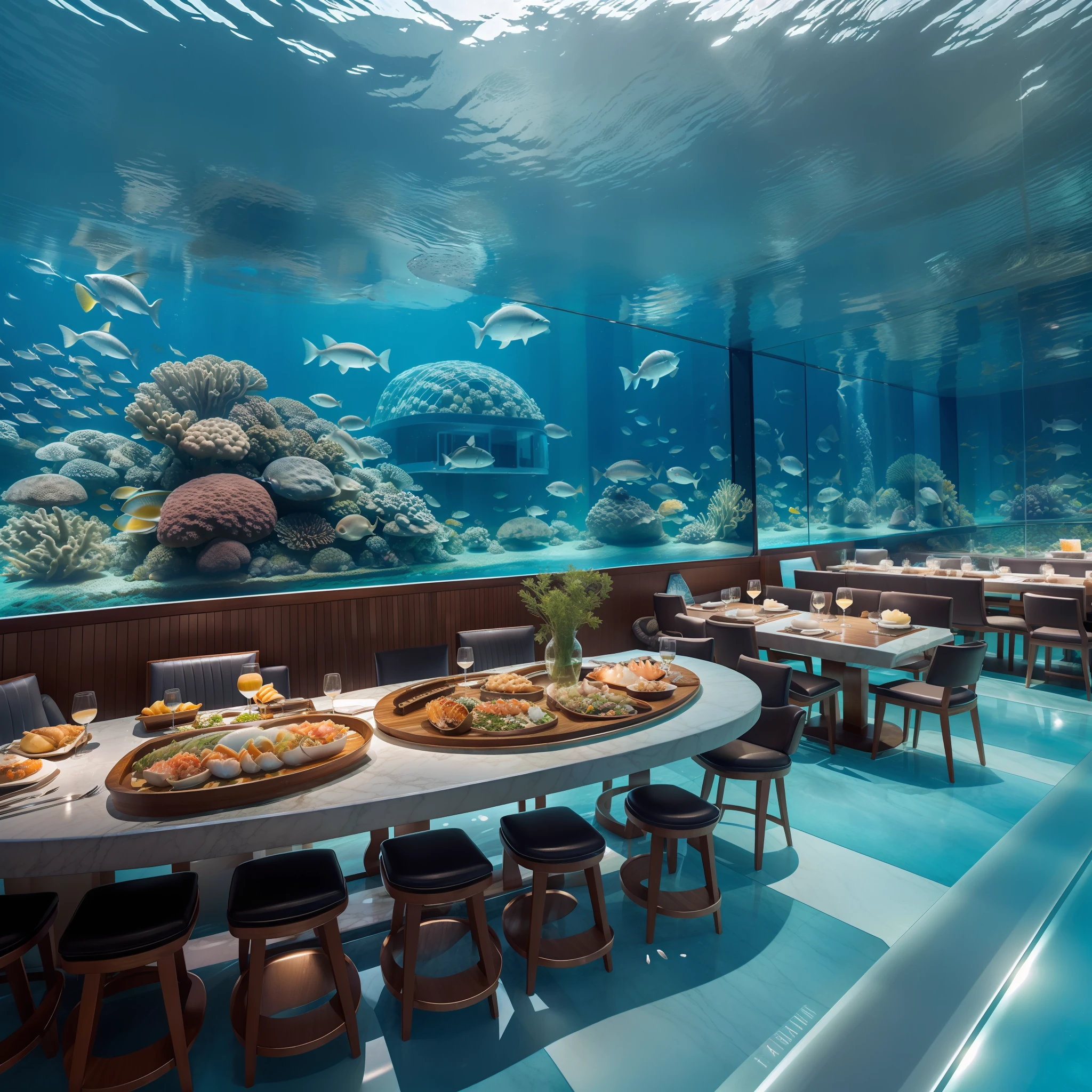 Underwater Restaurant:
The "AquaDine" would be a unique underwater restaurant where customers could enjoy an amazing meal while observing the marine life around them. With glass walls that provide a panoramic view of the ocean, the restaurant would offer delicious seafood dishes, immersing visitors in an unforgettable dining experience.