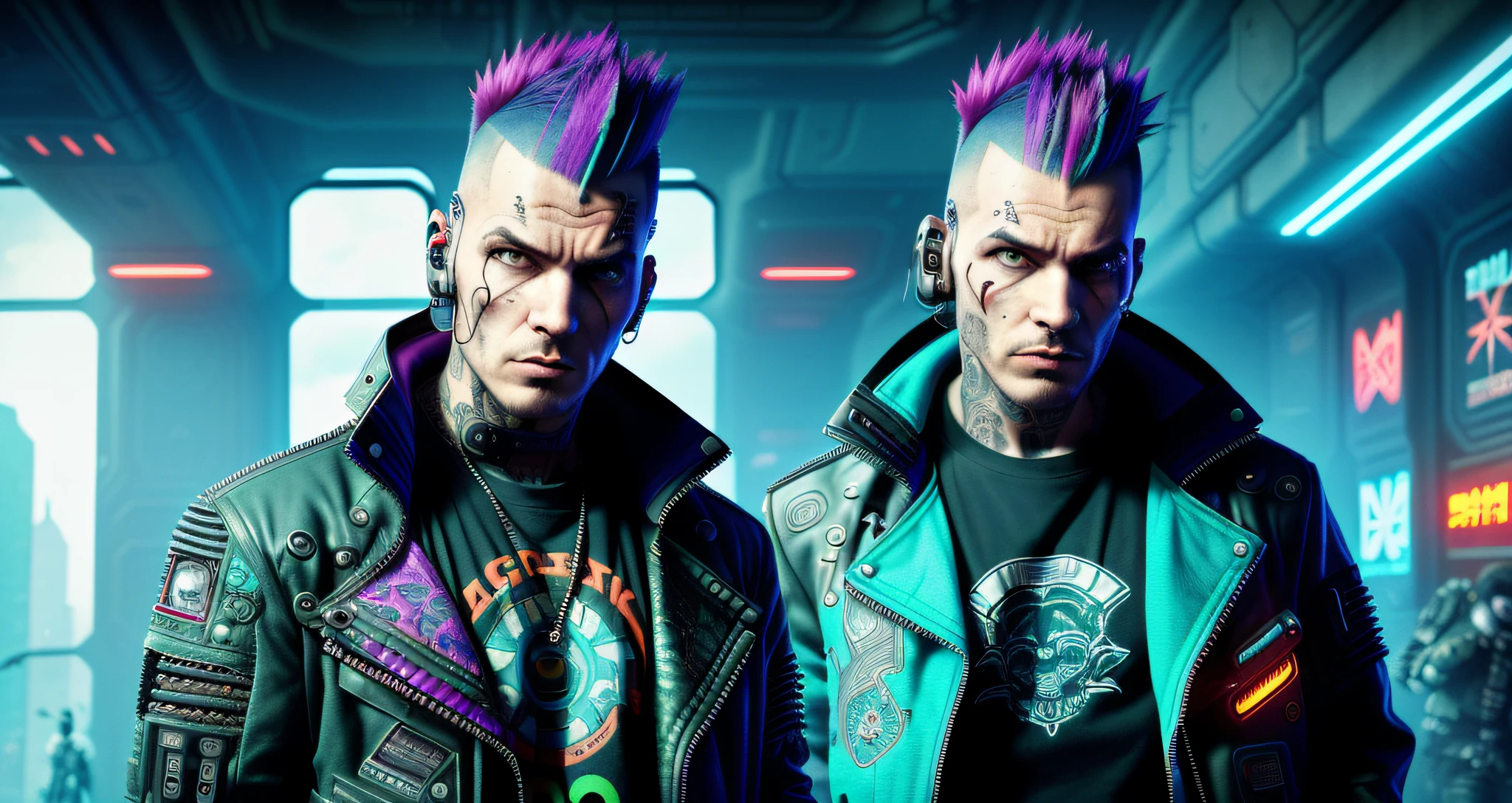 a half-body photo of a [bald|colored mohawk] rugged (futurist scifi punk) with (futurist scifi clothing), (futurist, high-tech, cyberpunk, scifi, jacket:1.4), cyberpunk, indoor, looking at the camera, (celtic tattoos, piercings:1.2), normal, eyes, dramatic cinematic lighting, (screaming:0.7), Glasgow, high-tech, hooligan, punk, in a space station street