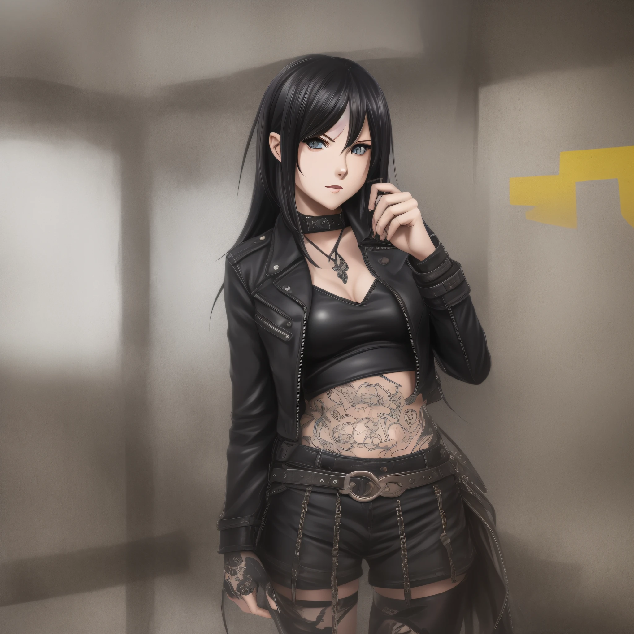 Young female, (fate)), goth style, leather black jacket, tattooed arm, black hair, tank top, cafeteria, holding cell phone, yellow eyes, medium hair, looking at viewer, full body, smiling, anime style, --air 3:2 --auto --s2