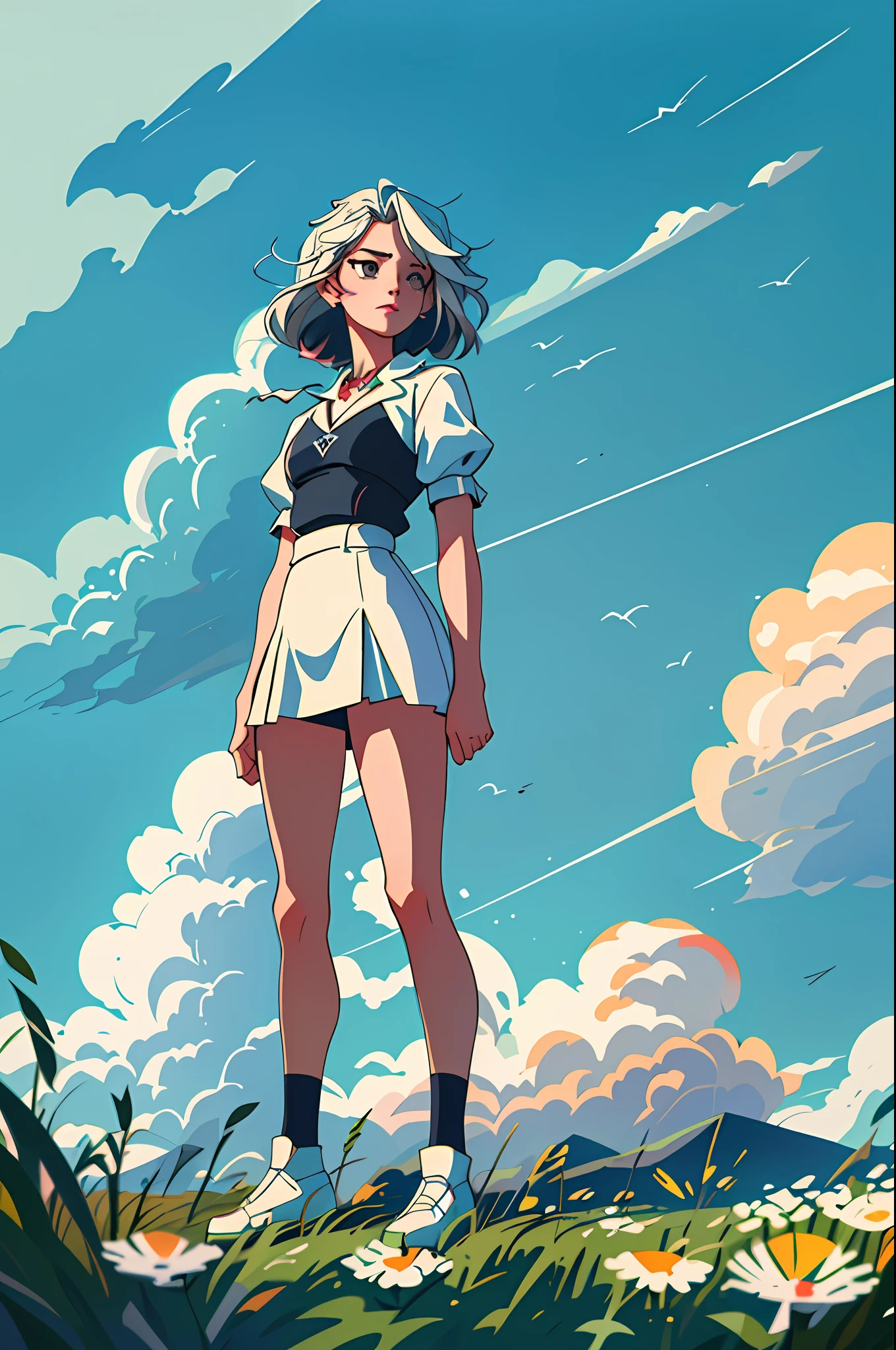 (best quality, masterpiece), 1girl, cloudy sky, dandelion, contrapposto, alternate hairstyle,
