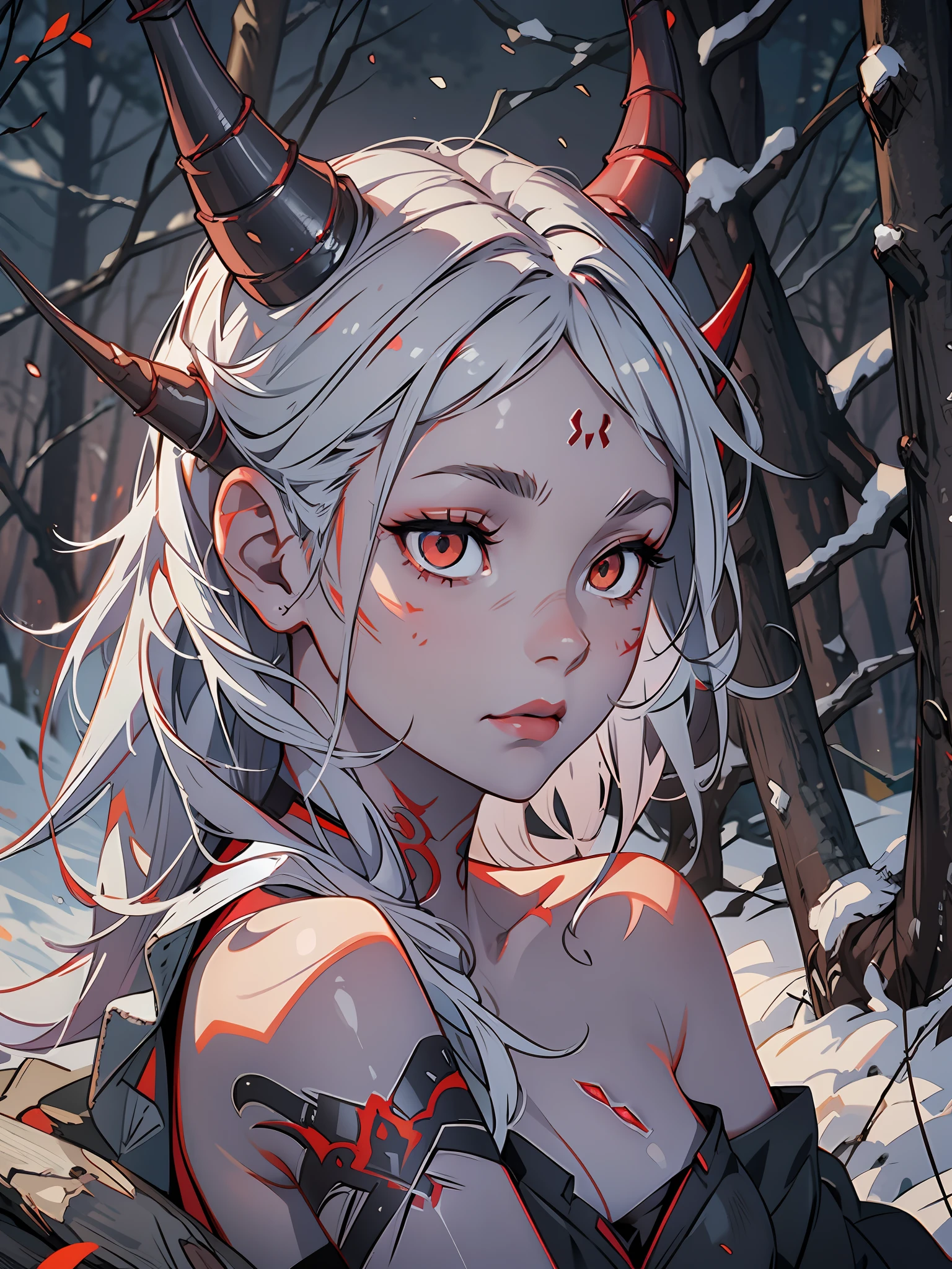 ghost, demon girl, scar on face, horn, gray hair, detailed, bright ((red skin)), bare shoulders, tattoo, night, forest night, sitting on a rock, sleeping, detailed face, health, movie lighting,