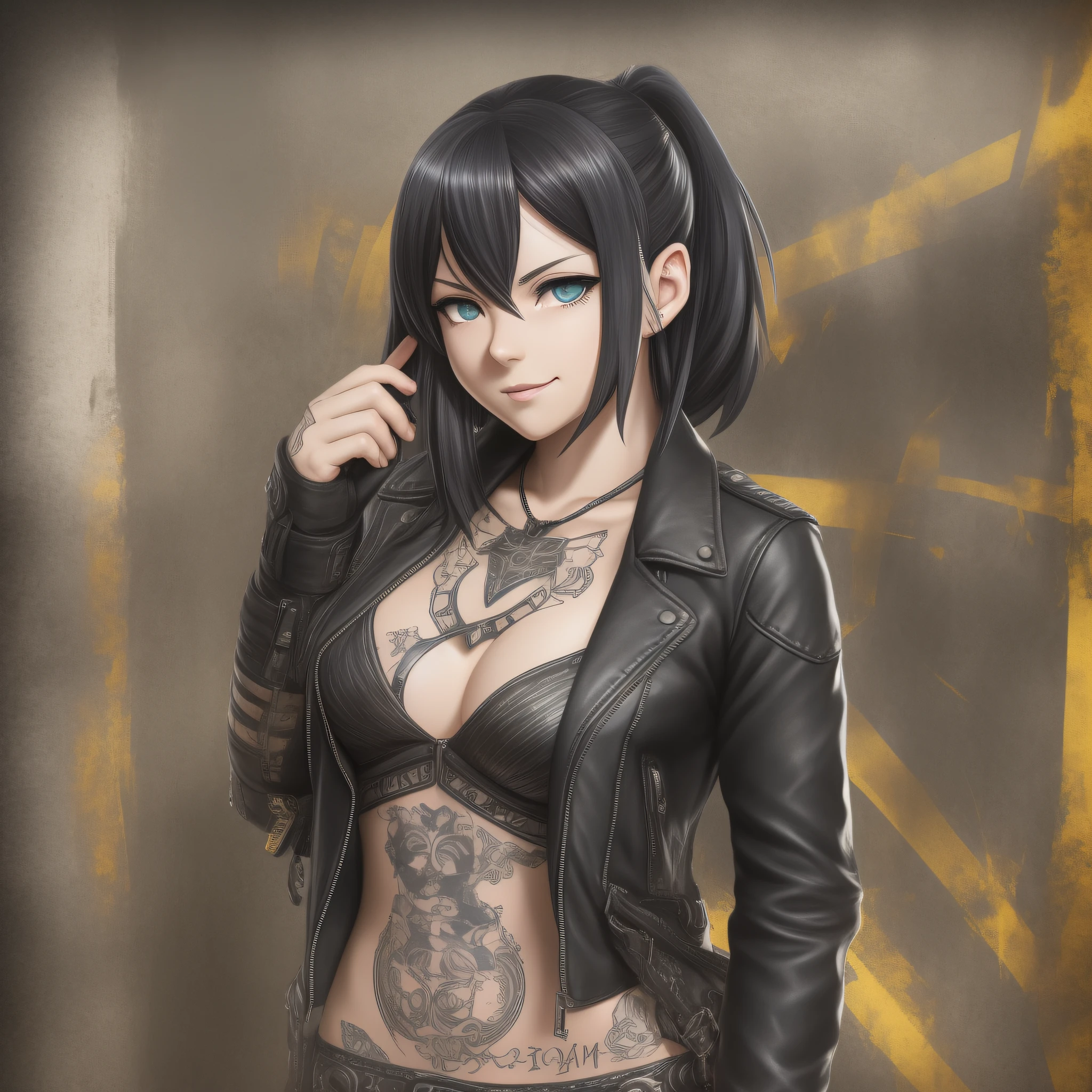 Young female, (fate)), goth style, leather black jacket, tattooed arm, black hair, tank top, cafeteria, holding cell phone, yellow eyes, medium hair, looking at viewer, full body, smiling, anime style, --air 3:2 --auto --s2