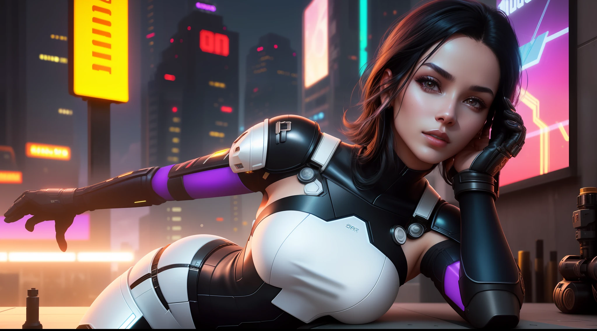 solo, 1 woman (black hair, white skin, full lips, slim, small boobs), in one-piece white cyberpunk futurisct sexy robotic armor, shoulders showing, black robotic grapes, black robotic boots, force field arround her, stopping bullets, masterpiece, best quality, 8k, sharp focus, depth of field, best shadows, perfect lights, HDR, realistic skin texture, detailed, hyper detailed background,  photorealistic, RAW photo, cyberpunk city, battle scene from a rpg book, dynamic lights, neon, wallpaper