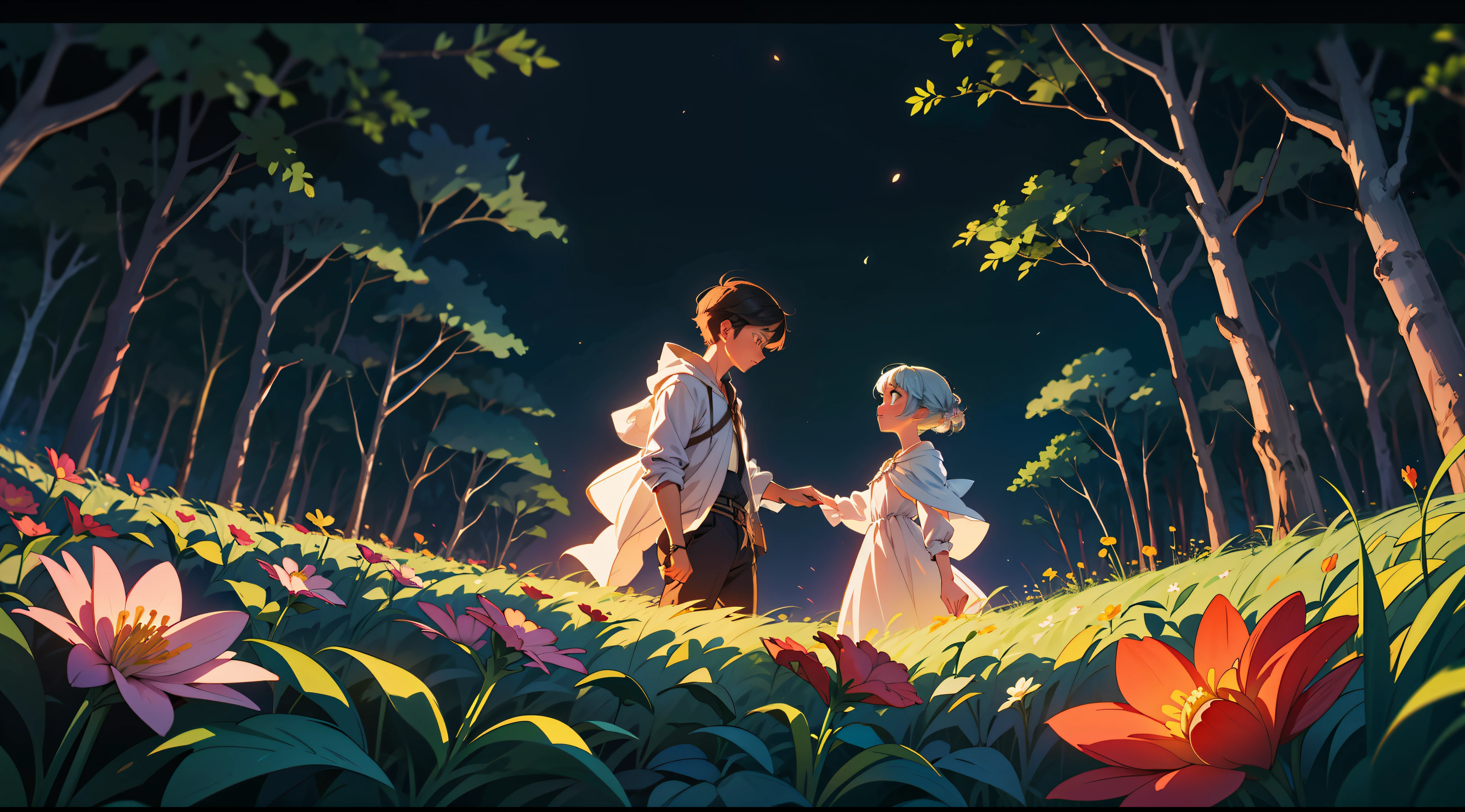 As they ventured deeper into the forest, Luna noticed peculiar flowers that glowed in the dark, illuminating their path. Oliver, always curious, couldn't resist touching one of the flowers. To their amazement, it emitted a soft, soothing light that surrounded them.