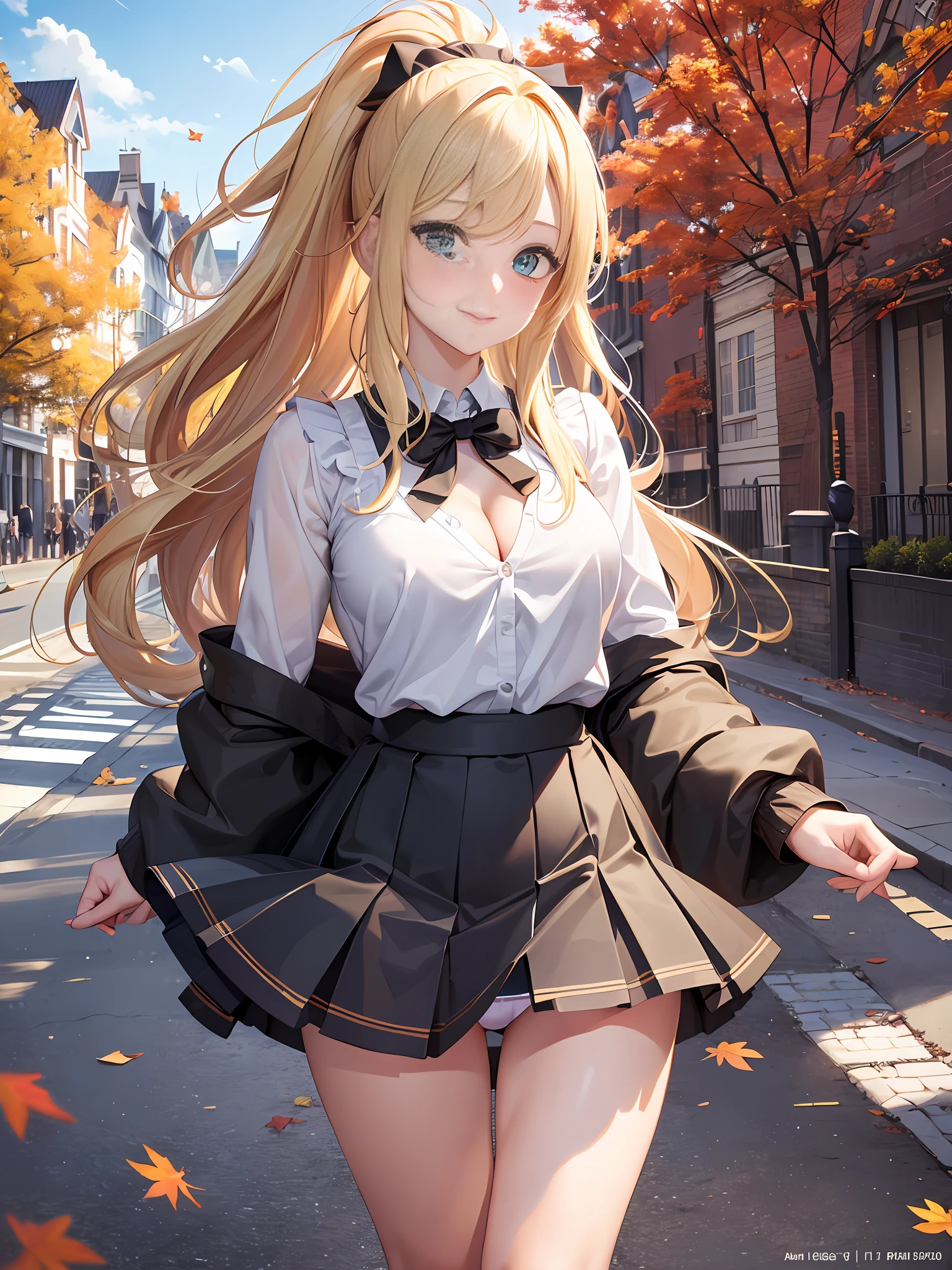Masterpiece, Best Quality, Official Art, (Highly Detailed CG Unity 8k wallpaper), Detailed background, (Hands by Guido Daniele: 1.1), Feet out of frame, First Person View, 1, Attractive and perfect beautiful woman, Schoolgirl, JK, schoolgirl uniform, autumn, autumn leaves, wind blowing, (((Flipping skirt, panties visible))), optimal ratio of 4 fingers and 1 thumb, (curvaceous), ( White Thighs: 1.12), (Blonde Long Hair: 1.12), (Ahoge: 1.13), (High Ponytail: 1.12), (Green Eyes: 1.13), Look at the Beholder, Big, (cleavage), Beautiful Face, (Blush: 1.11), (Smile: 1.11)