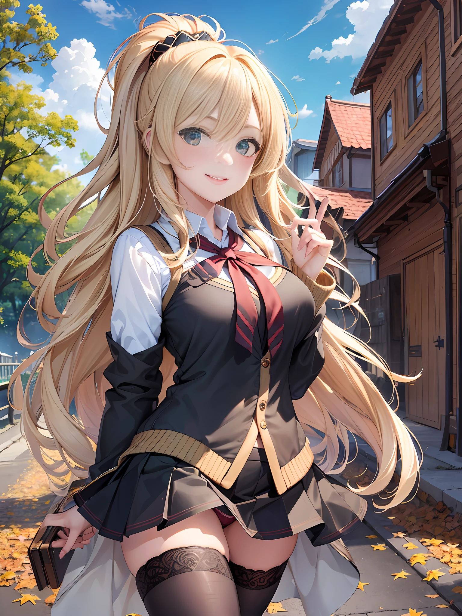 Masterpiece, Best Quality, Official Art, (Highly Detailed CG Unity 8k wallpaper), Detailed background, (Hands by Guido Daniele: 1.1), Feet out of frame, First Person View, 1, Attractive and perfect beautiful woman, Schoolgirl, JK, schoolgirl uniform, autumn, autumn leaves, wind blowing, (((Flipping skirt, panties visible))), optimal ratio of 4 fingers and 1 thumb, (curvaceous), ( White Thighs: 1.12), (Blonde Long Hair: 1.12), (Ahoge: 1.13), (High Ponytail: 1.12), (Green Eyes: 1.13), Look at the Beholder, Big, (cleavage), Beautiful Face, (Blush: 1.11), (Smile: 1.11)