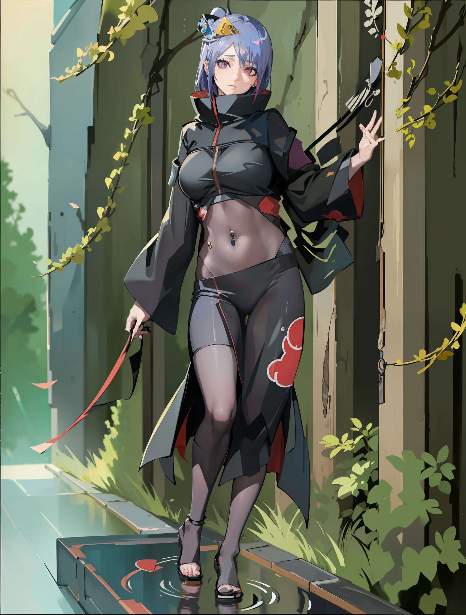 absurdres, (best quality), (masterpiece), (ultra-detailed: 1.2), (photorealistic: 1.1), (highres), 1girl, konan \(naruto\), (akatsuki outfit:1.1), piercing labret, (paper:1.2), ripples, twirling,
