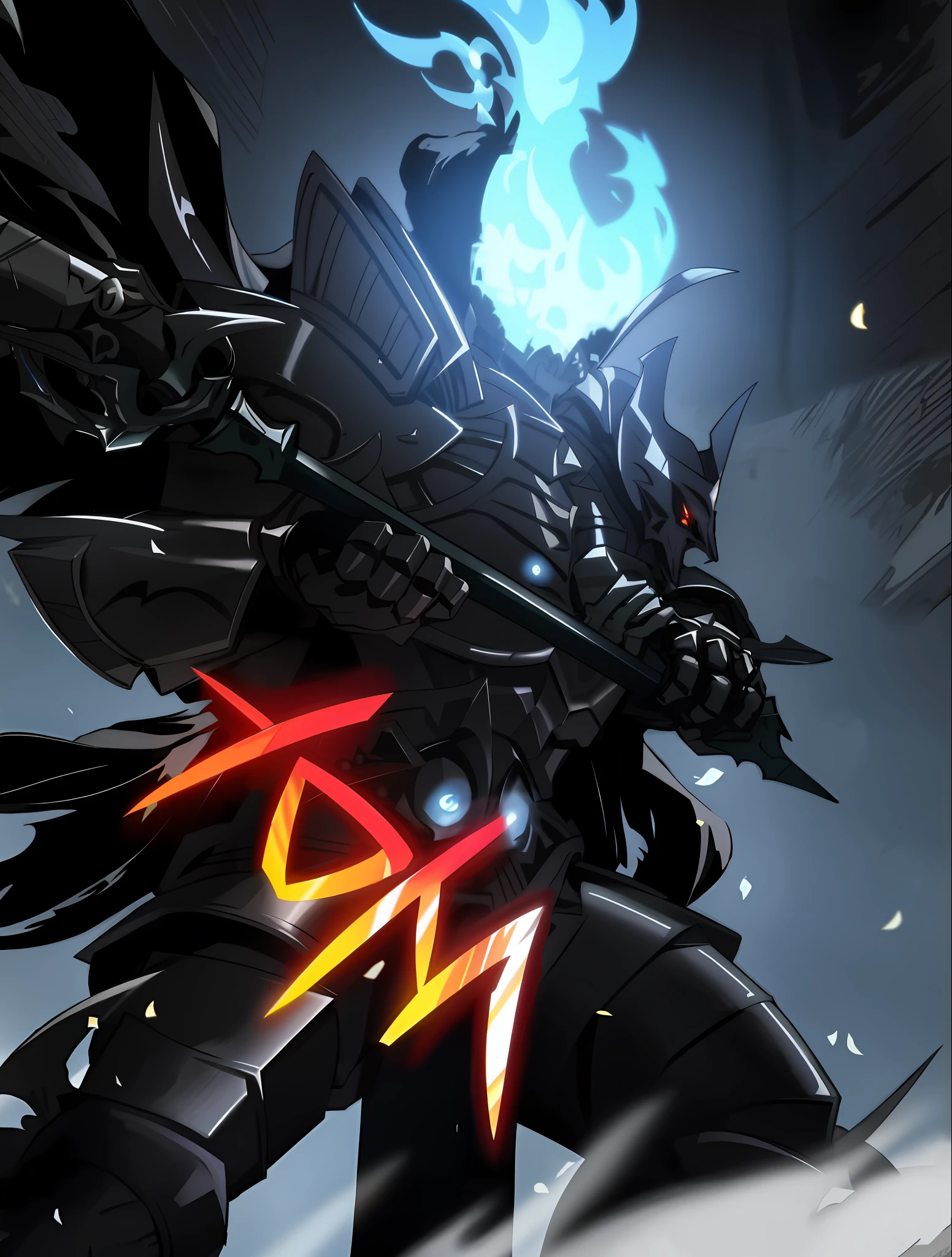 anime character with a sword and a flame in his hand, evil knight, from arknights, berserk skullknight black armor, black fire color reflected armor, ares with heavy armor and sword, dragon knight, badass anime 8 k, batman mecha, from overlord, dark armor, darksiders art style, dark souls art style, dark souls knight, darksiders style