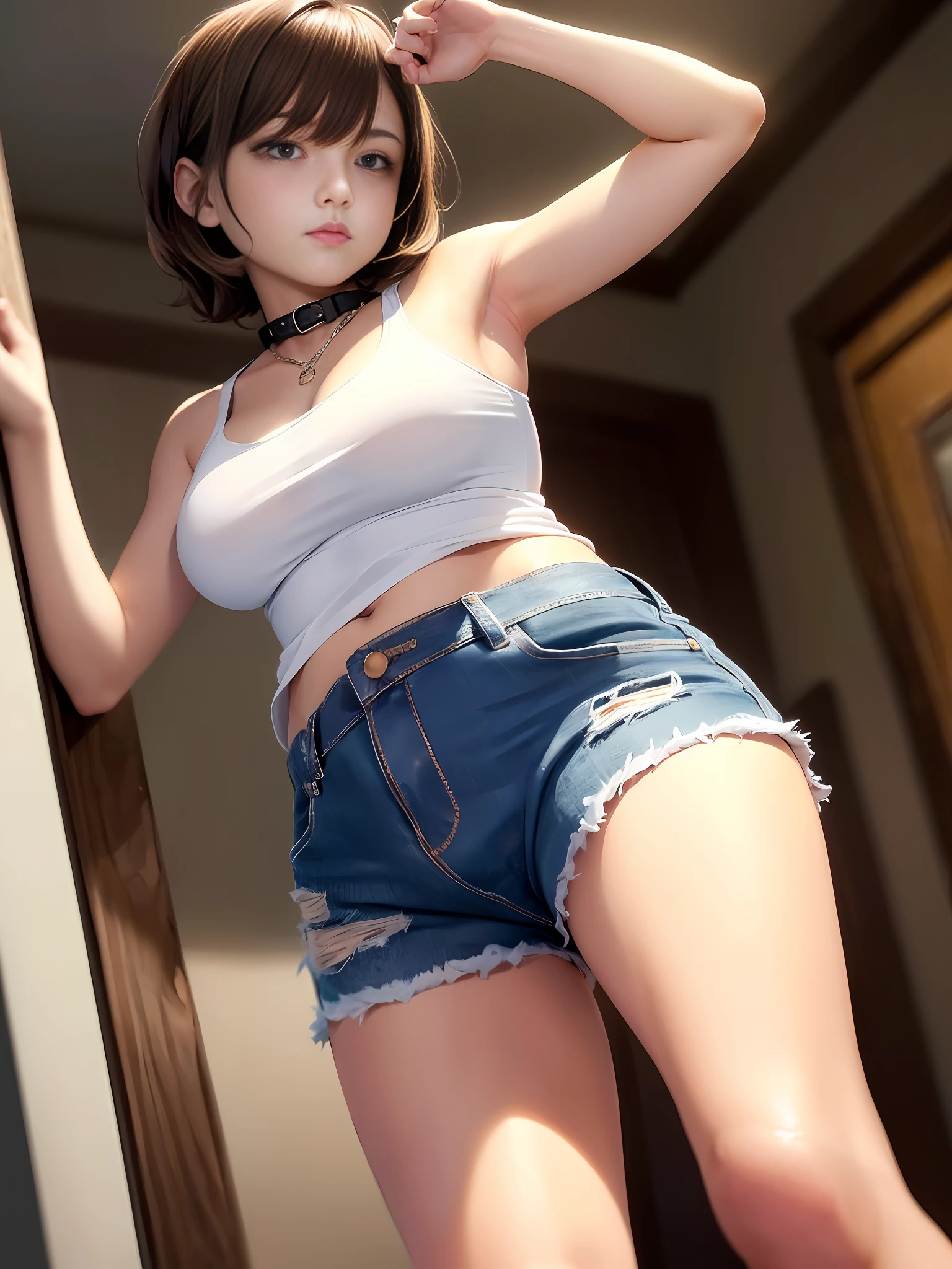 ((Big breasts))), ((Tomboy, small head)), Sunlight, Nikko, (Chiseled abs: 1.1), (Perfect body: 1.1), (Short wavy hair: 1.2), (Short wavy hair: 1.2), Reddish brown hair, collar, chain, full body shot, crowded streets, black tank top, jeans jacket, (Shorts)), (CG 8k wallpaper with very detailed detail), (Very delicate and beautiful), ( masterpiece), (Best Quality: 1.0), (Ultra High Definition: 1.0), Beautiful lighting, perfect lightning, realistic shadows, [High Definition], Detailed skin, Ultra detailed